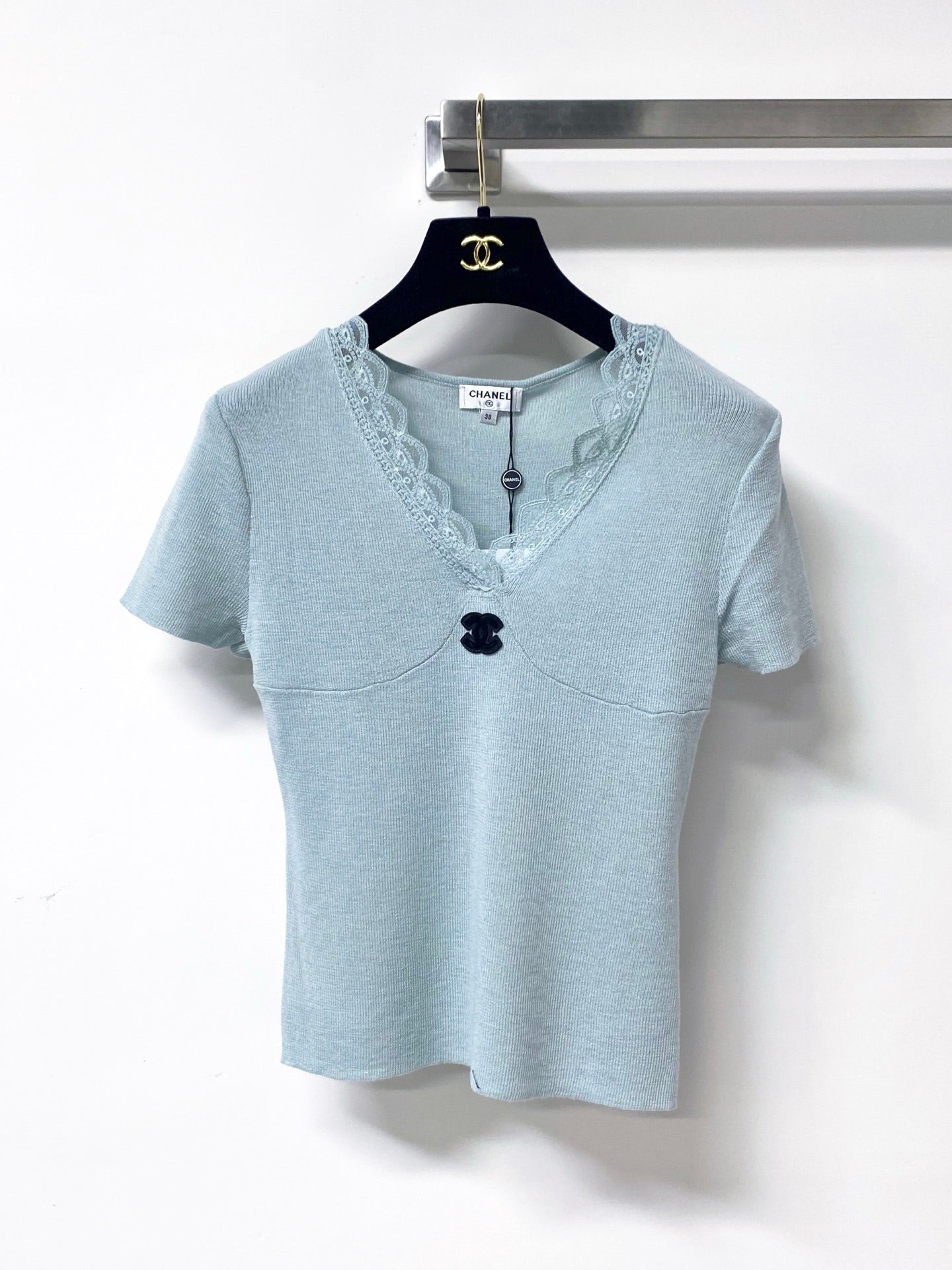 Chanel 2026 Lace V-neck Shirt Blue Pink Wool Cashmere 295236