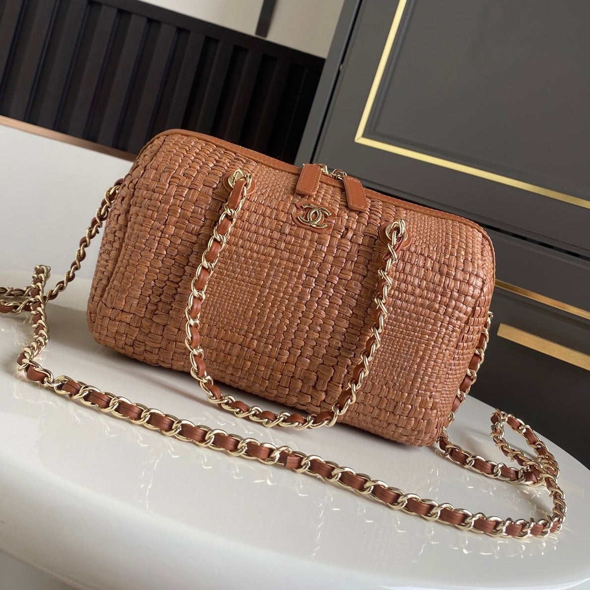 Chanel 2026 Bowling Bag 18.5cm Raffia Leather
