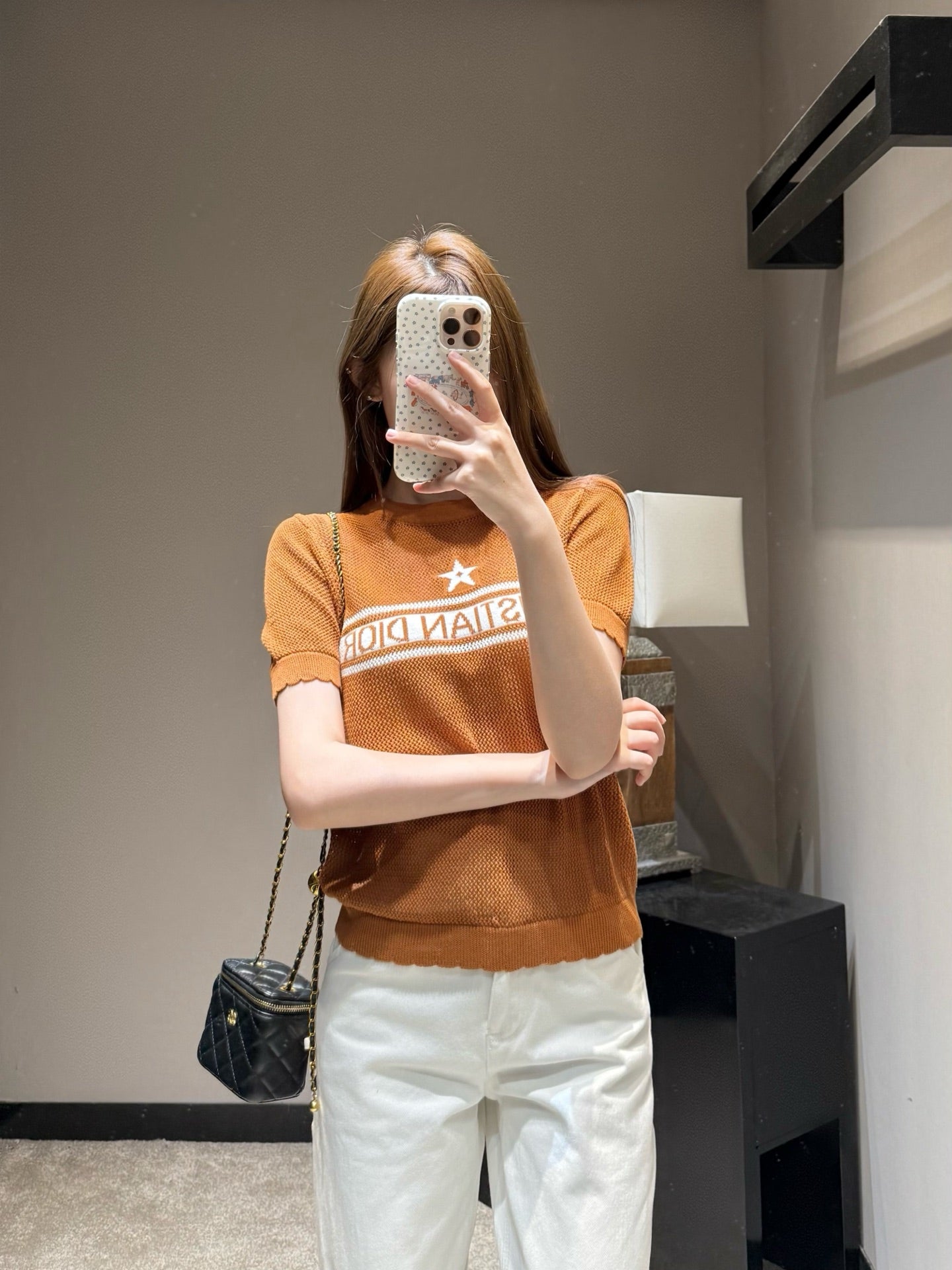 Dior 2026 Mesh Knit Short-Sleeve Top Brown and White Wool 341180