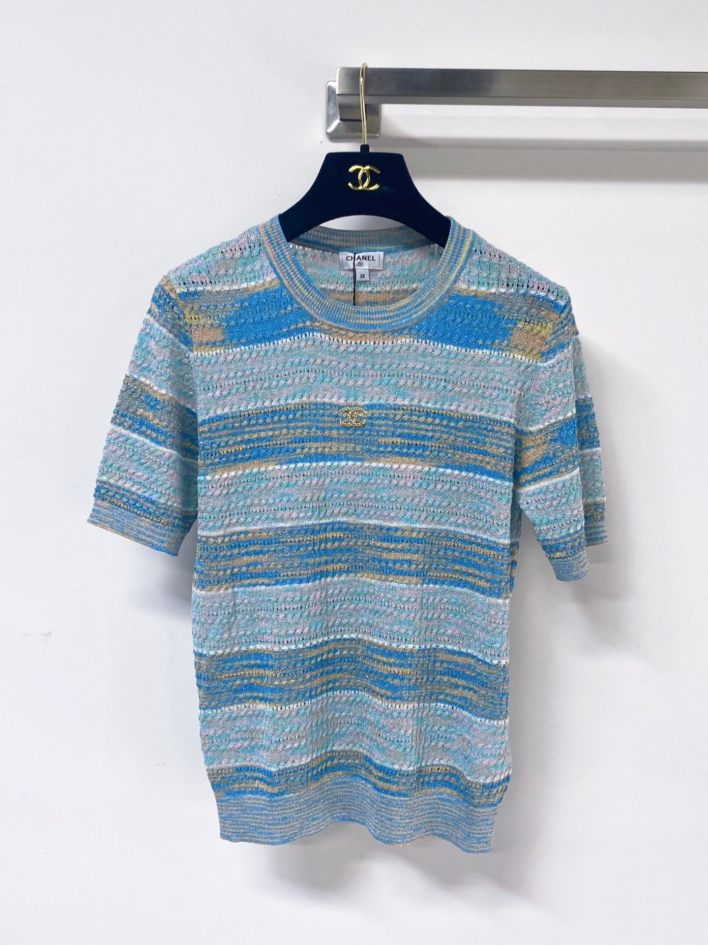 Chanel 2026 Striped Knit Short-Sleeve Sweater Wool 435128