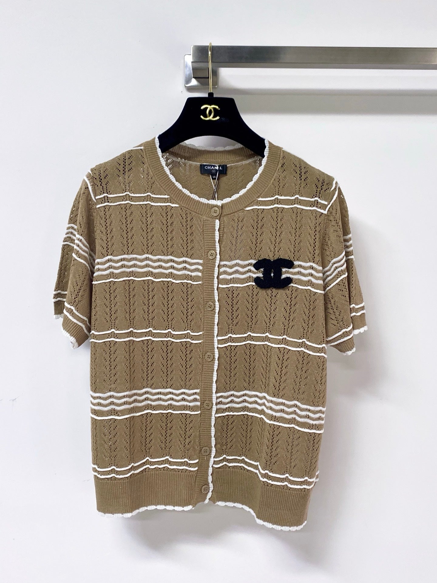 Chanel 2026 Striped Knit Short Sleeve Cardigan Mercerized Wool 435114