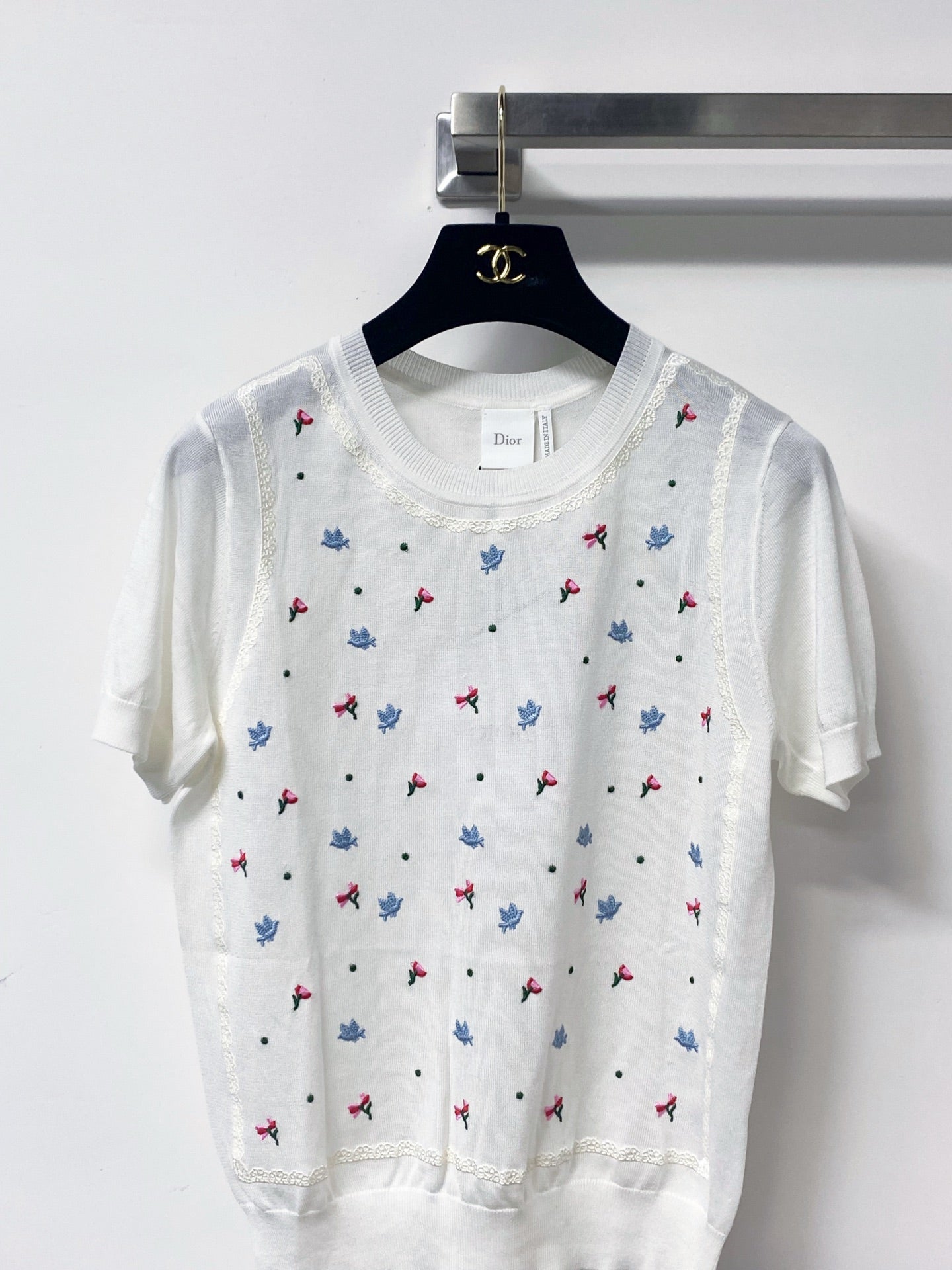 Dior 2026 Flower Embroidered Short-sleeved Knit Top Tencel Wool 459063