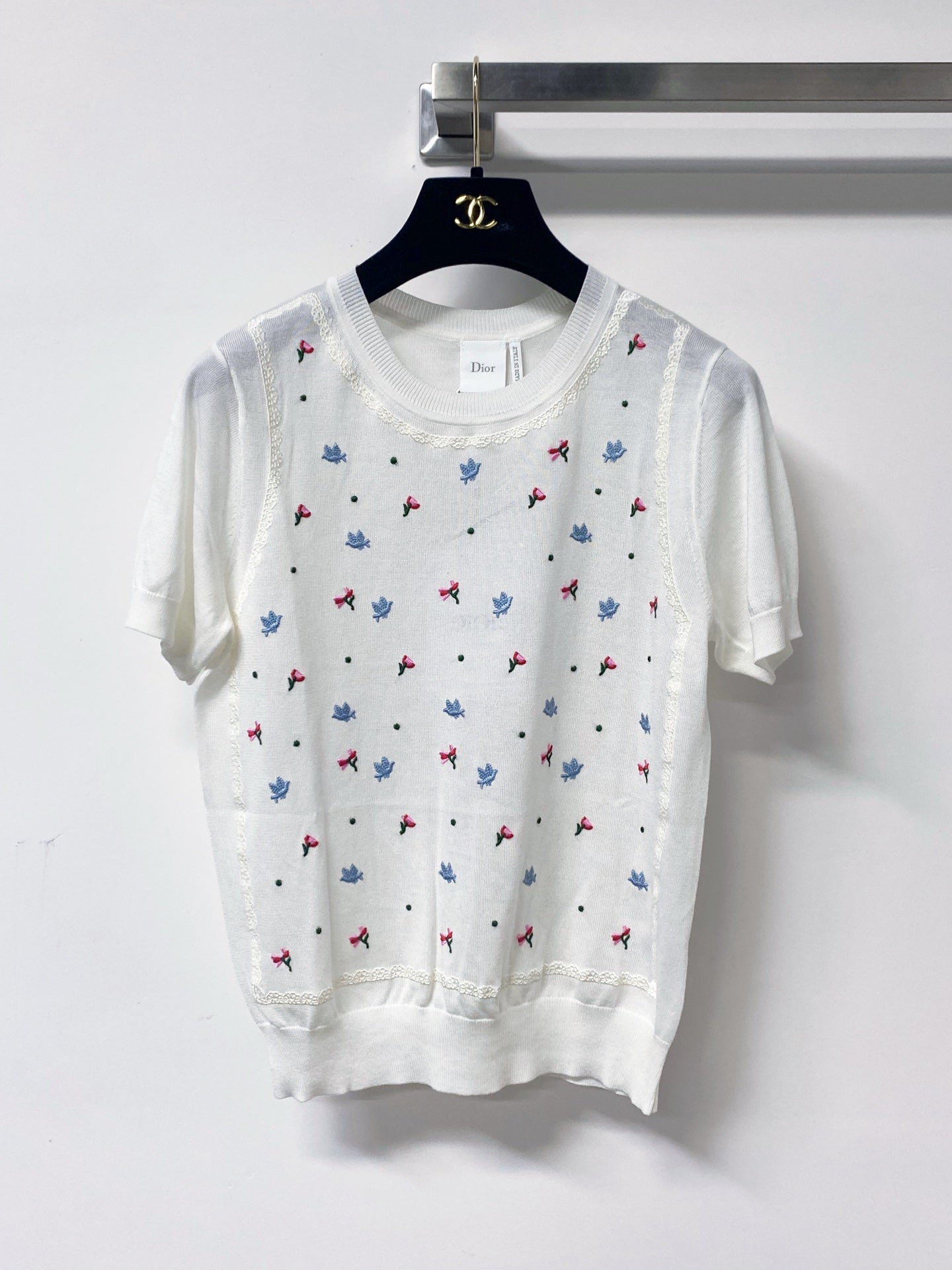 Dior 2026 Flower Embroidered Short-sleeved Knit Top Tencel Wool 459063