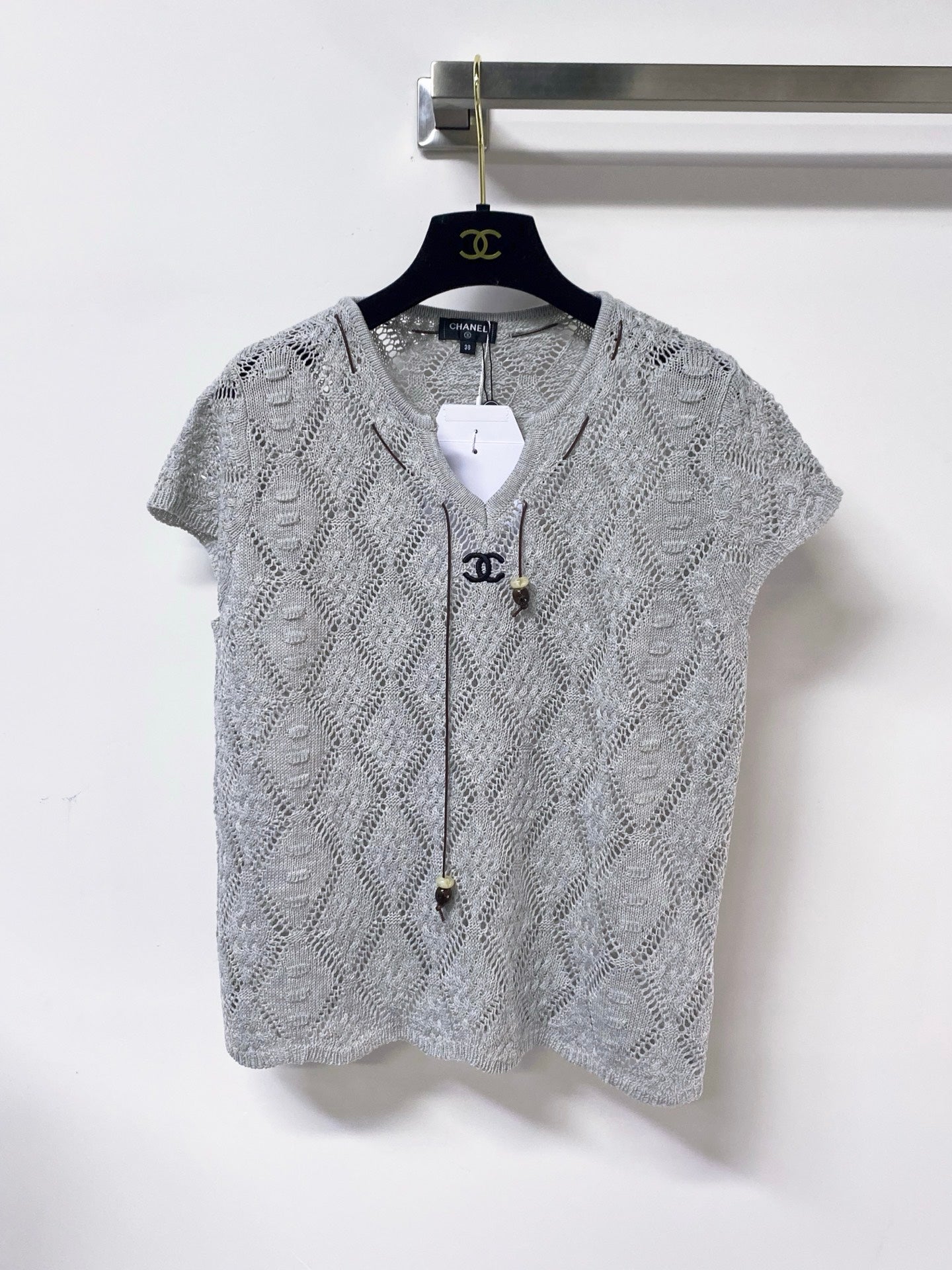 Chanel 2026 Hollow-Out Knit Top Drawstring Laine Wool 479951