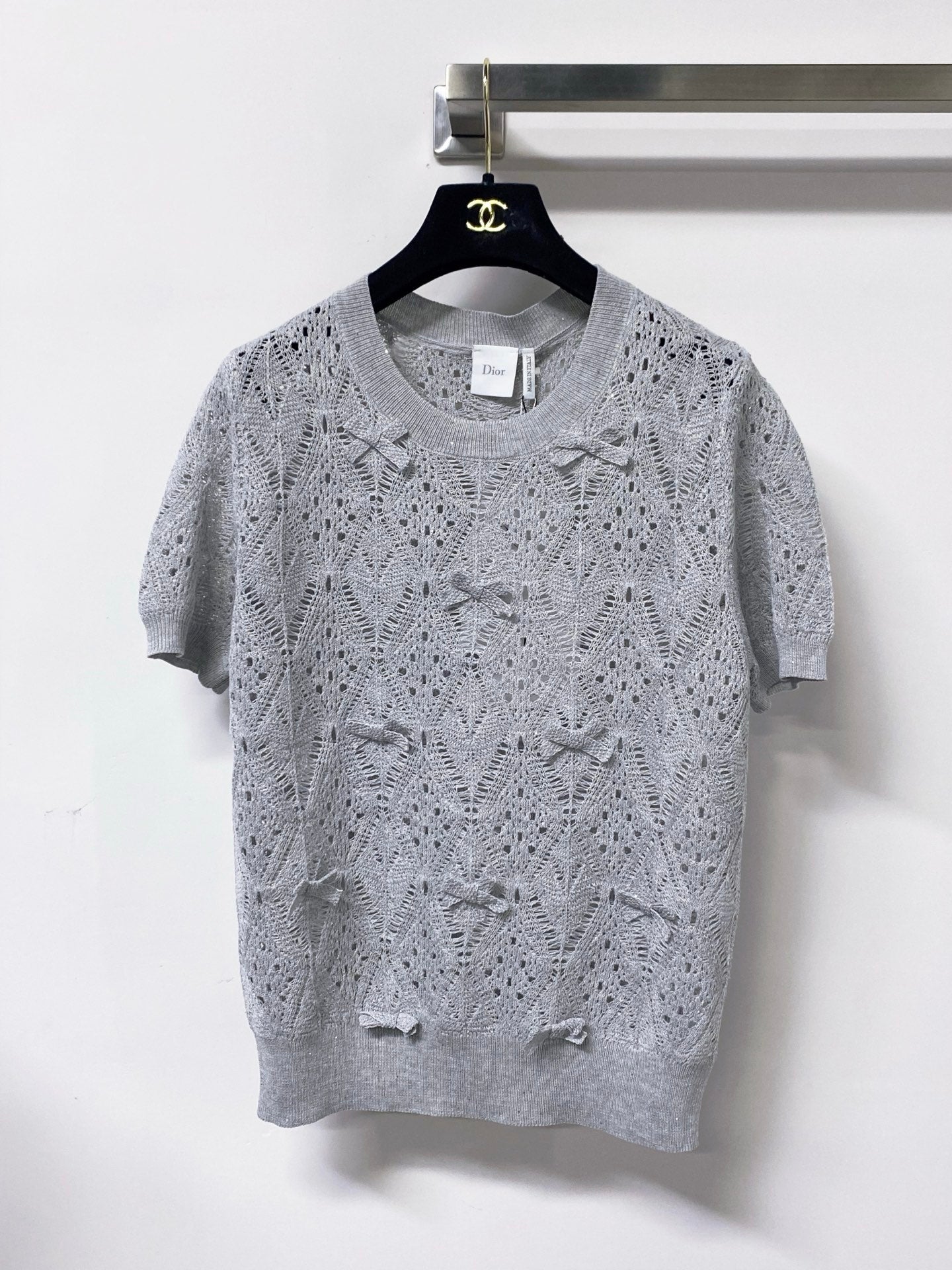 Dior 2026 Openwork Lace Knit Short-Sleeve Top Bow Details 479896