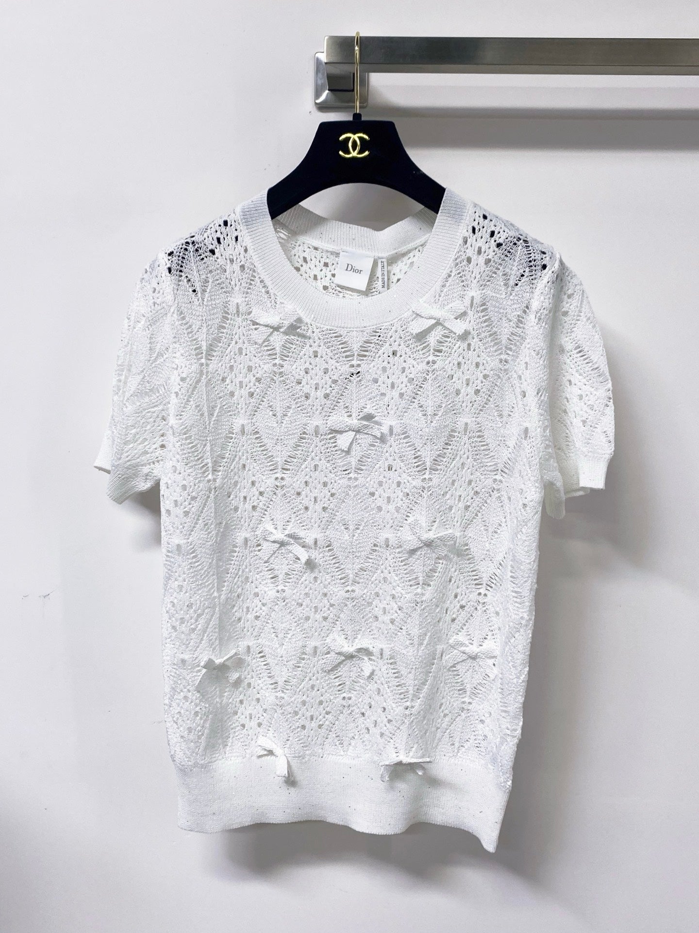 Dior 2026 Openwork Lace Knit Short-Sleeve Top Bow Details 479896