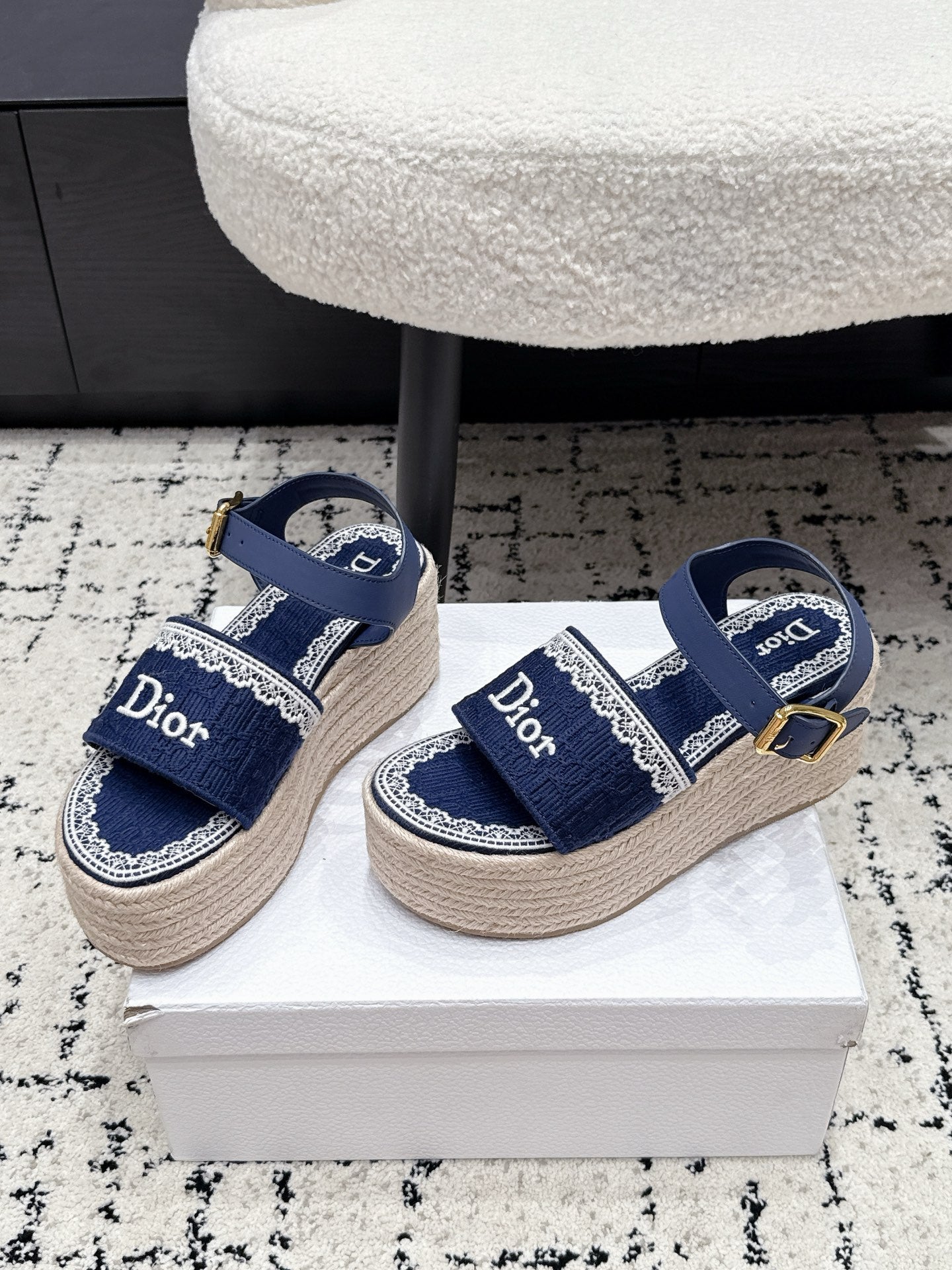 Dior 2026 Wedge Sandals with Lace Trim 85mm Straw Fabric 924822