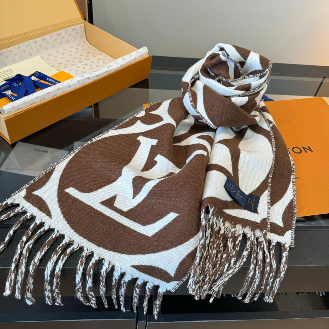LV 25 Scarf 186cm Brown White Wool 293487