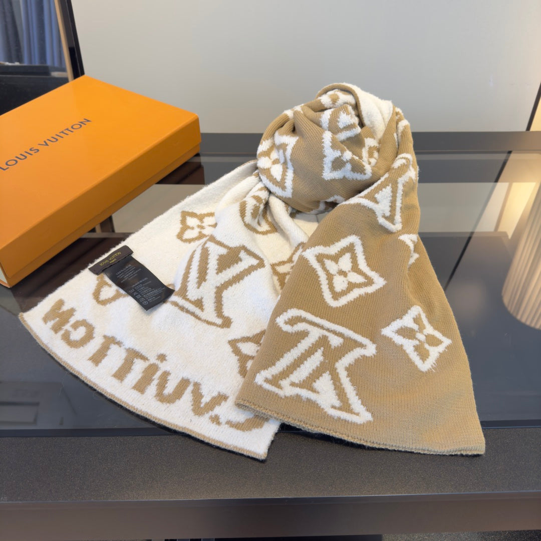 LV 25 Scarf 180cm Light Brown White Wool 293458