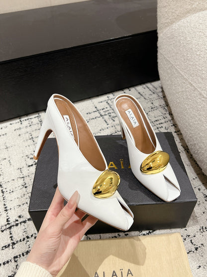 Alaia 25 Azzedine High Heels Mules With Gold Hardware White Calfskin 293186