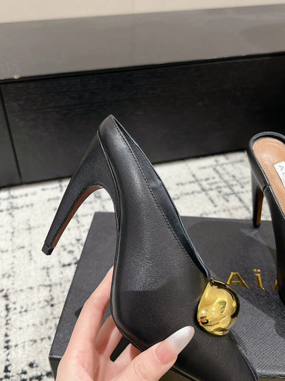 Alaia 25 Azzedine High Heels Mules With Gold Hardware Black Calfskin 293185