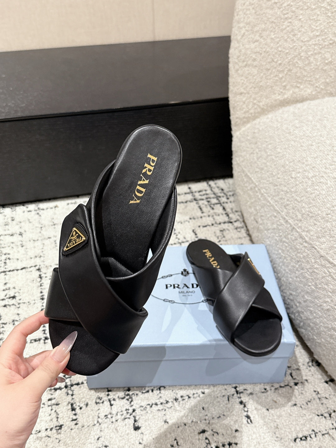 Prada 25 Cross-band Flat Slippers Black Cowhide 301737