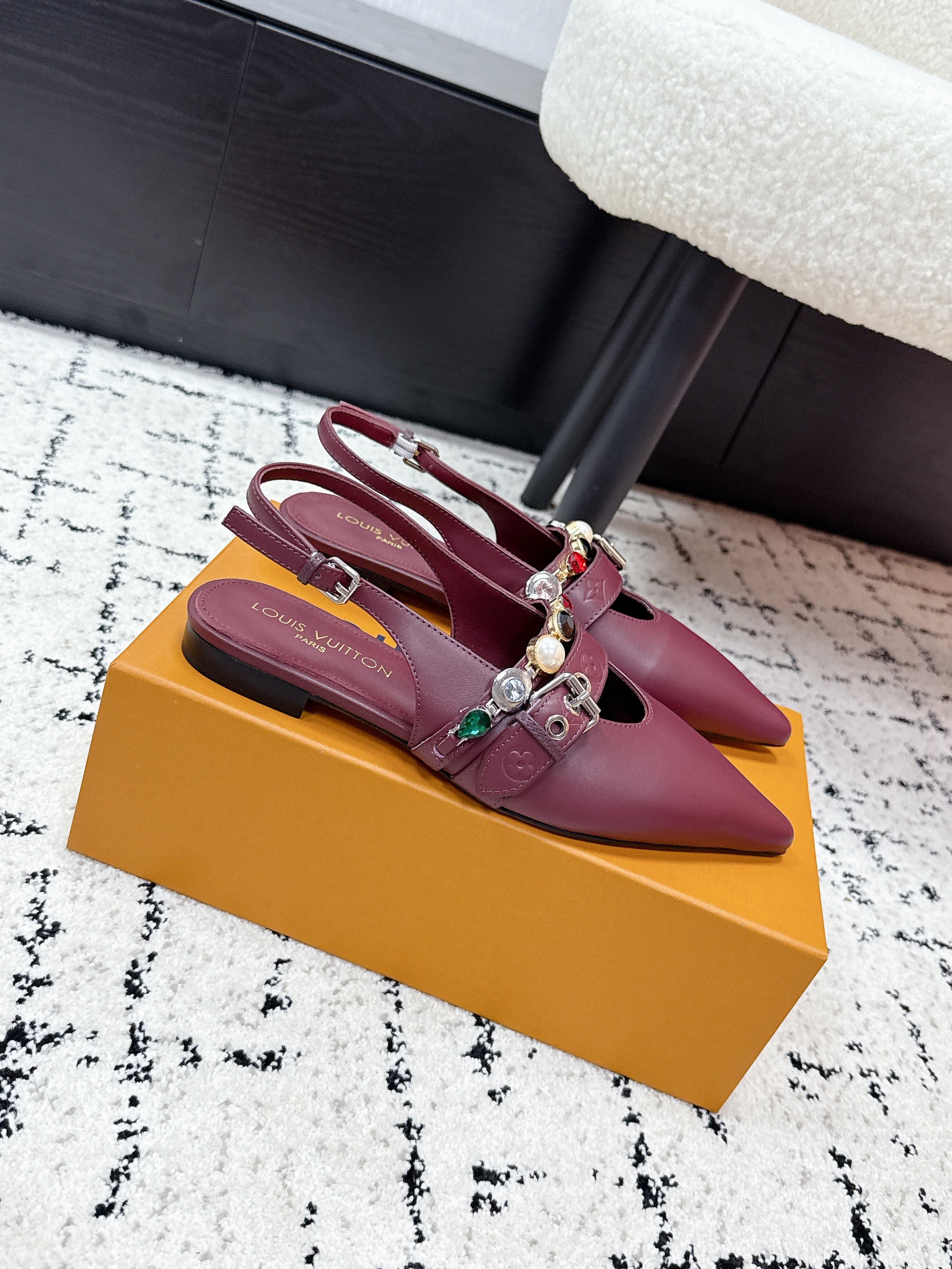 LV 26s Slingback Flats Burgundy Cowhide 616913