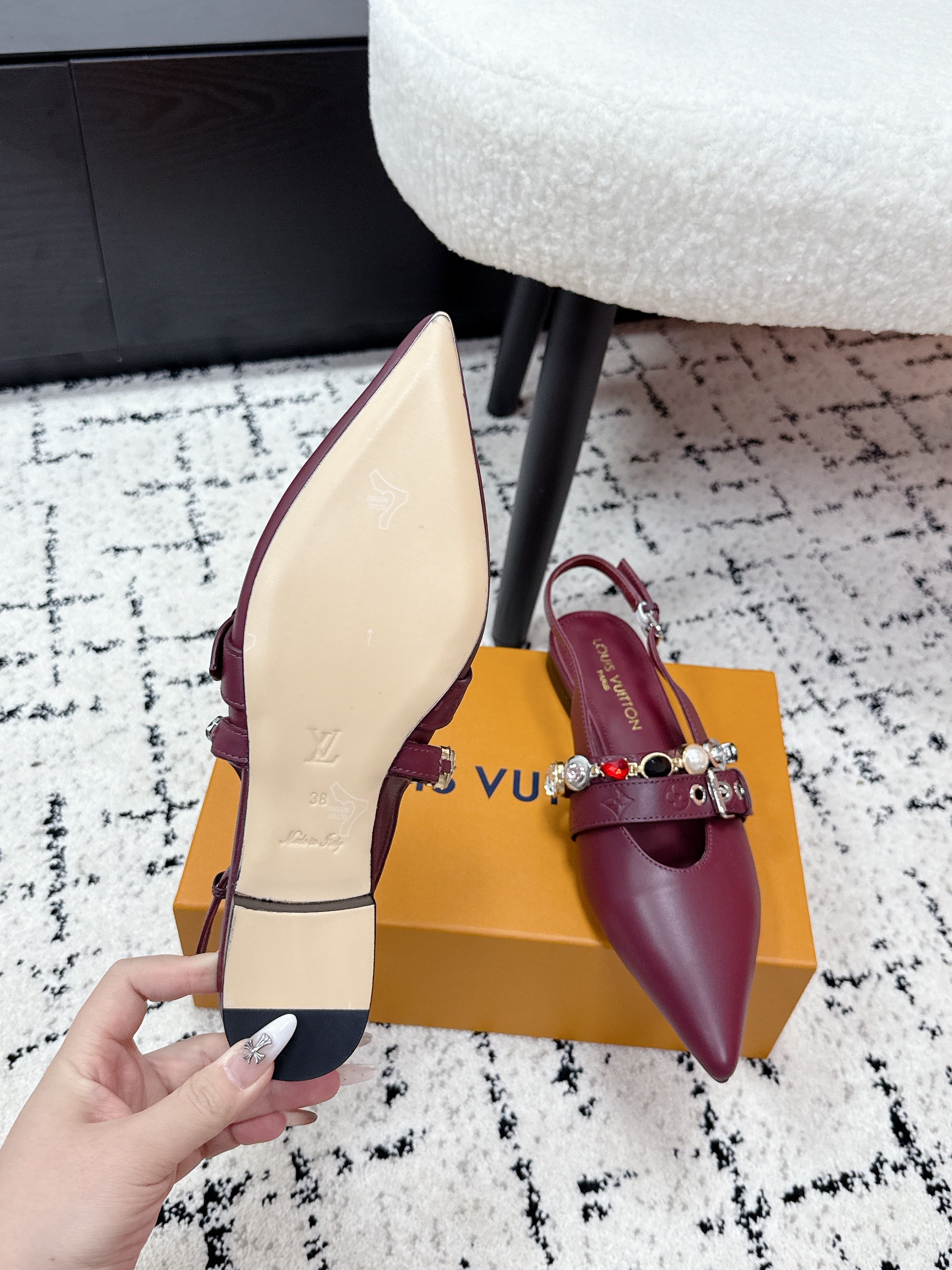 LV 26s Slingback Flats Burgundy Cowhide 616913