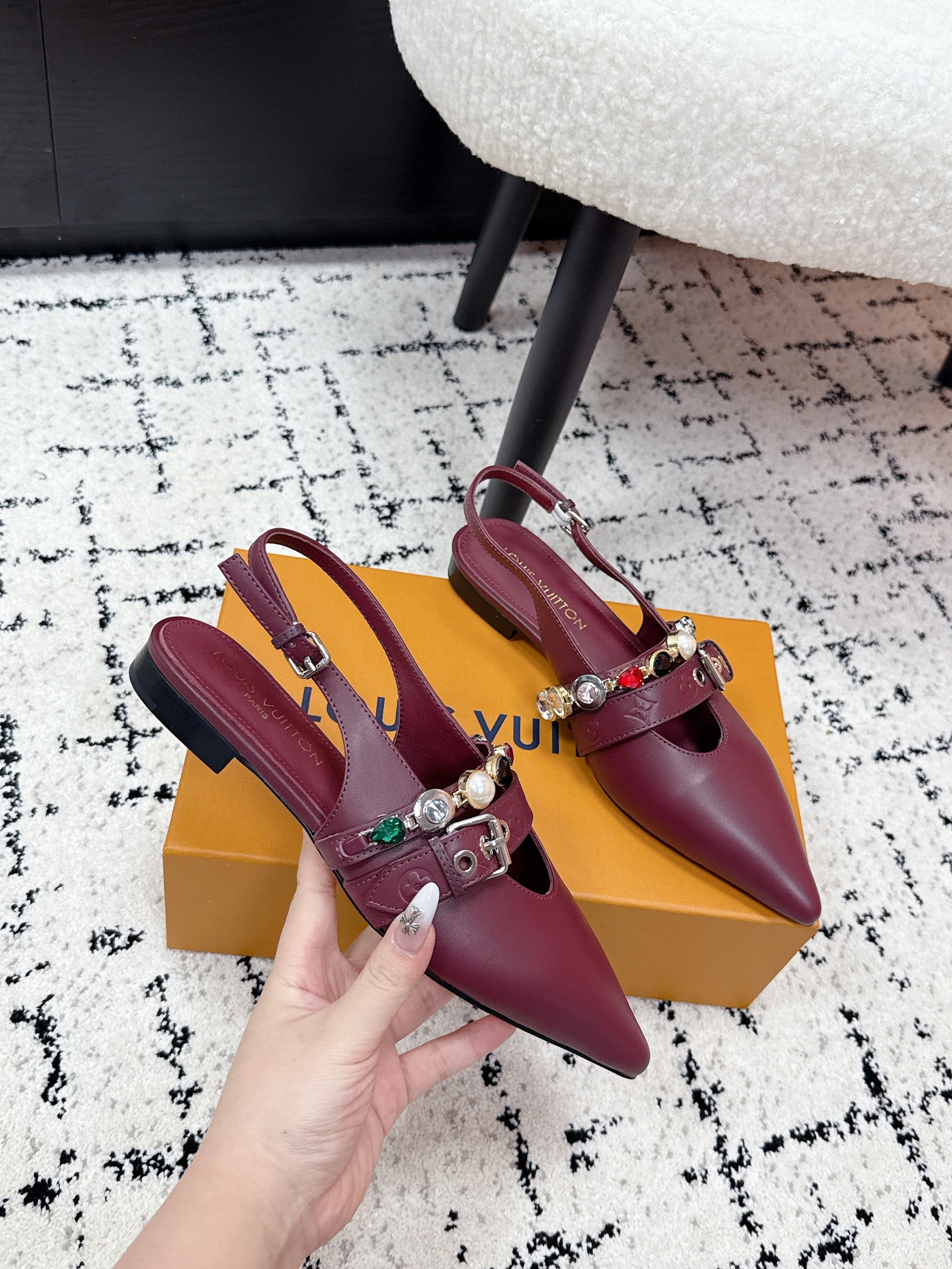 LV 26s Slingback Flats Burgundy Cowhide 616913