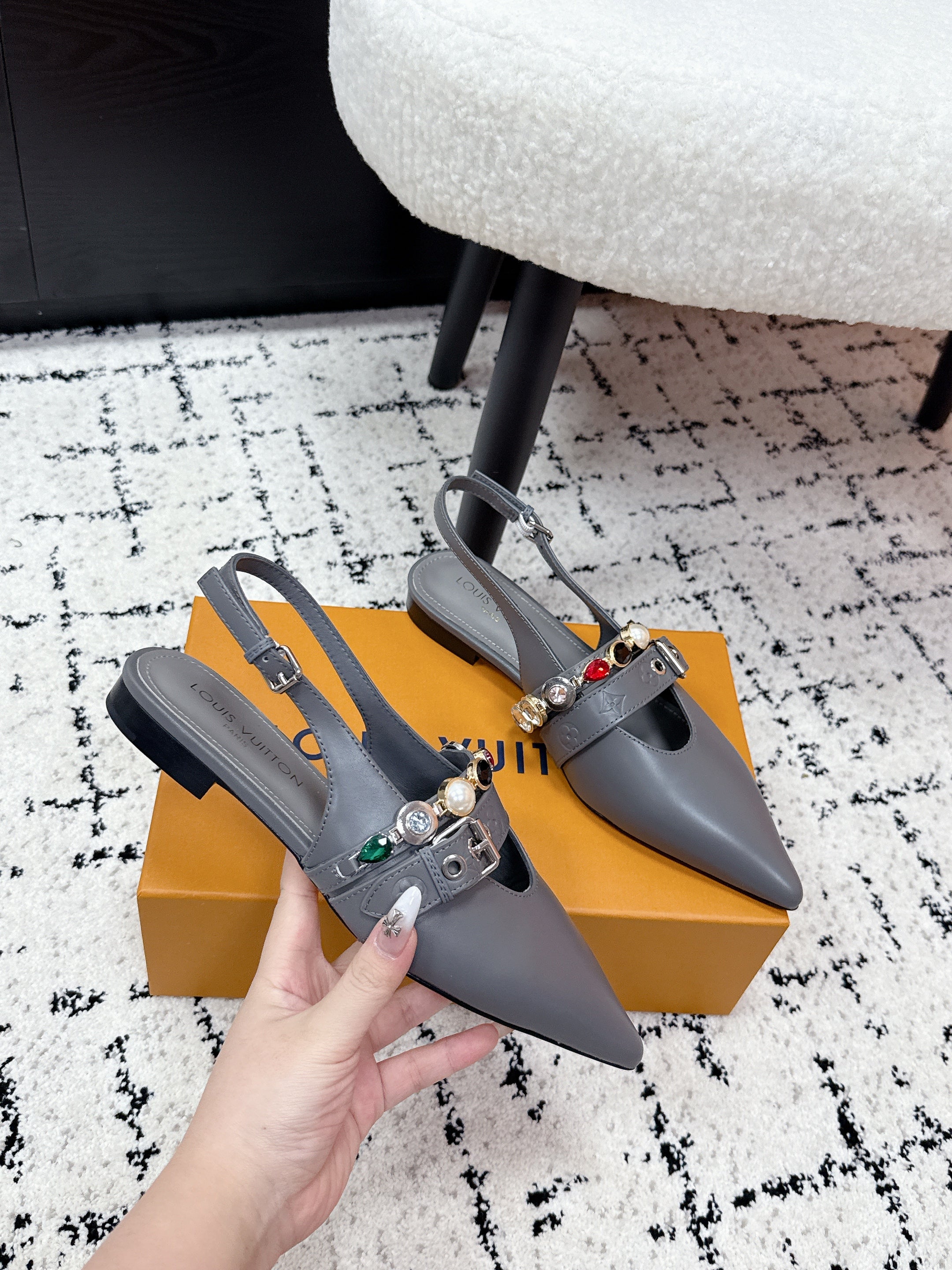 LV 26s Slingback Flats Gray Cowhide 616915