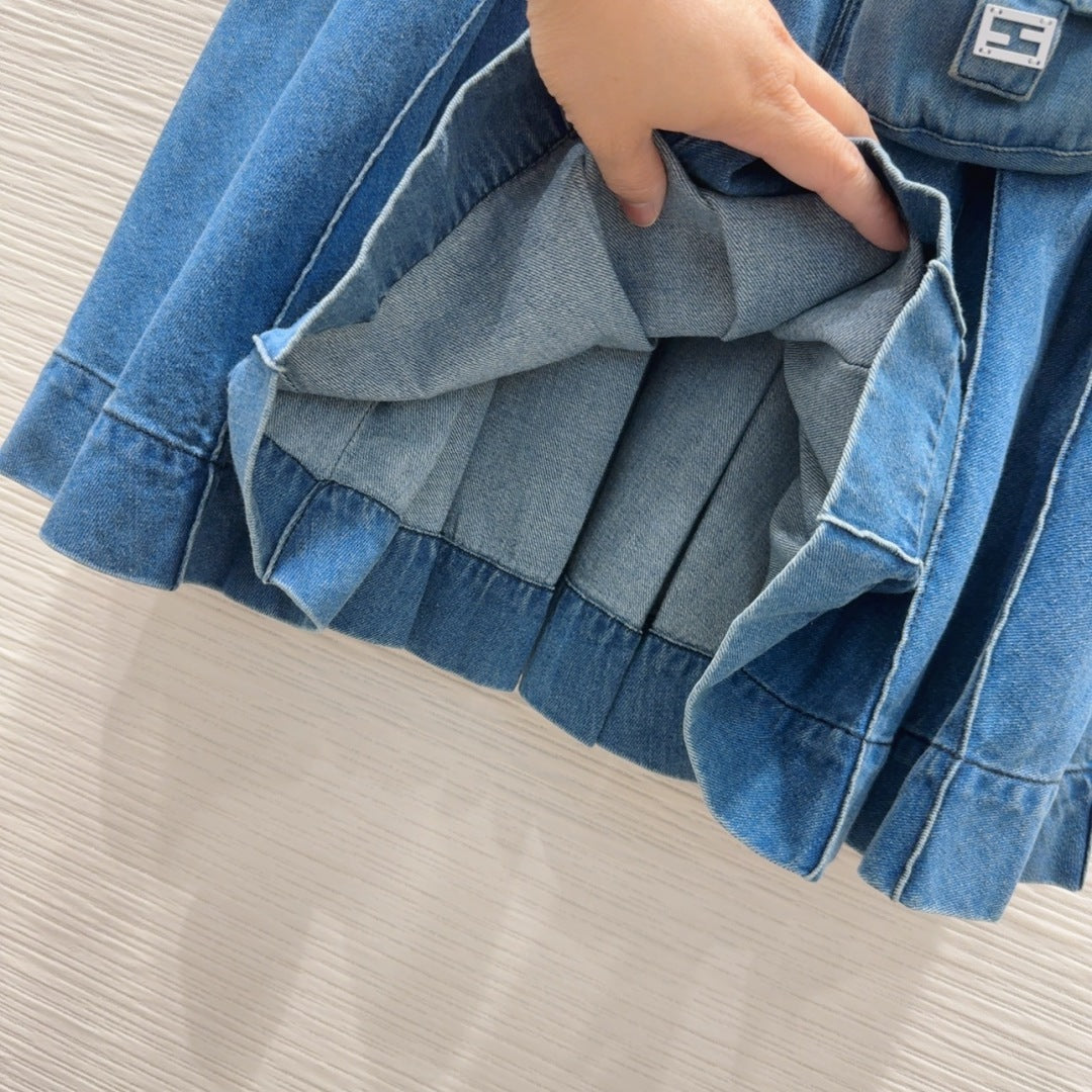 Fendi 2025 Pleated Denim Skirt Blue Cotton