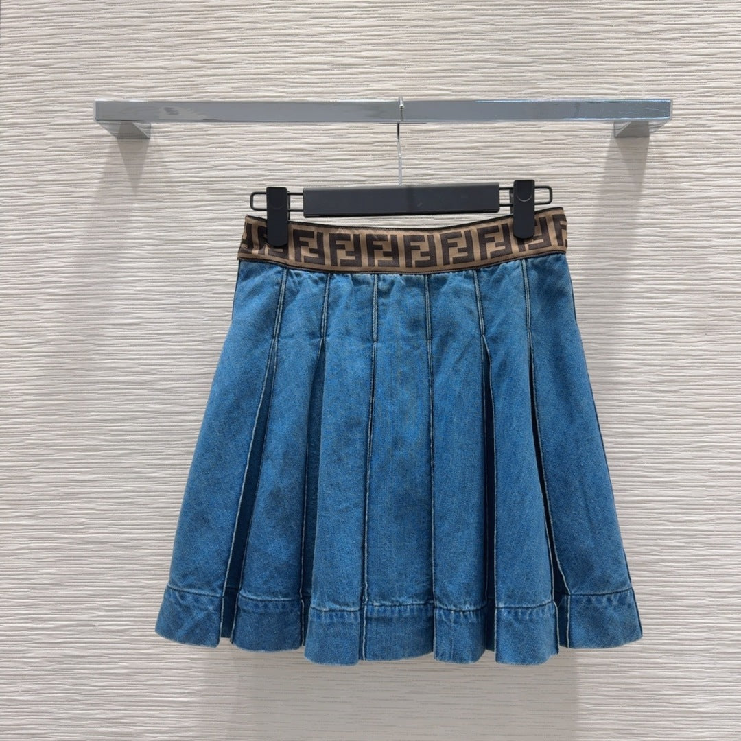 Fendi 2025 Pleated Denim Skirt Blue Cotton
