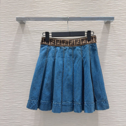 Fendi 2025 Pleated Denim Skirt Blue Cotton