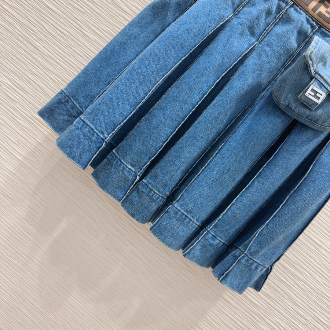 Fendi 2025 Pleated Denim Skirt Blue Cotton