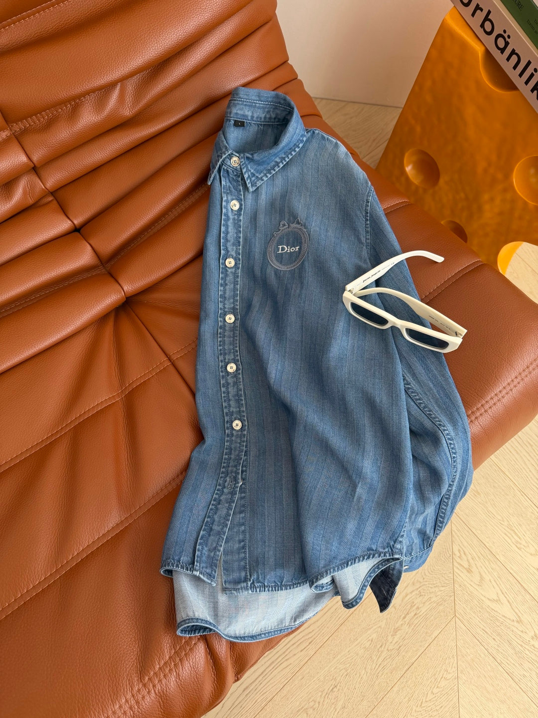 Dior 2026 Embroidered Badge Pattern Denim Shirt Blue Cotton 400837