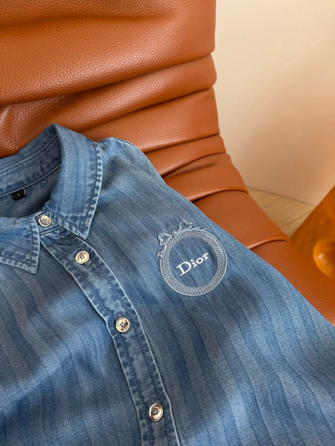 Dior 2026 Embroidered Badge Pattern Denim Shirt Blue Cotton 400837