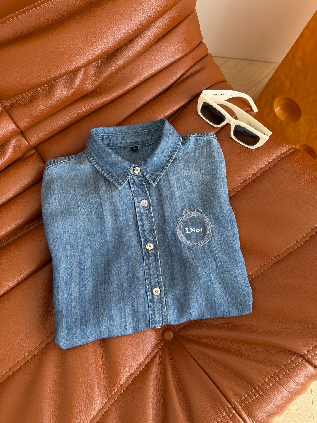 Dior 2026 Embroidered Badge Pattern Denim Shirt Blue Cotton 400837