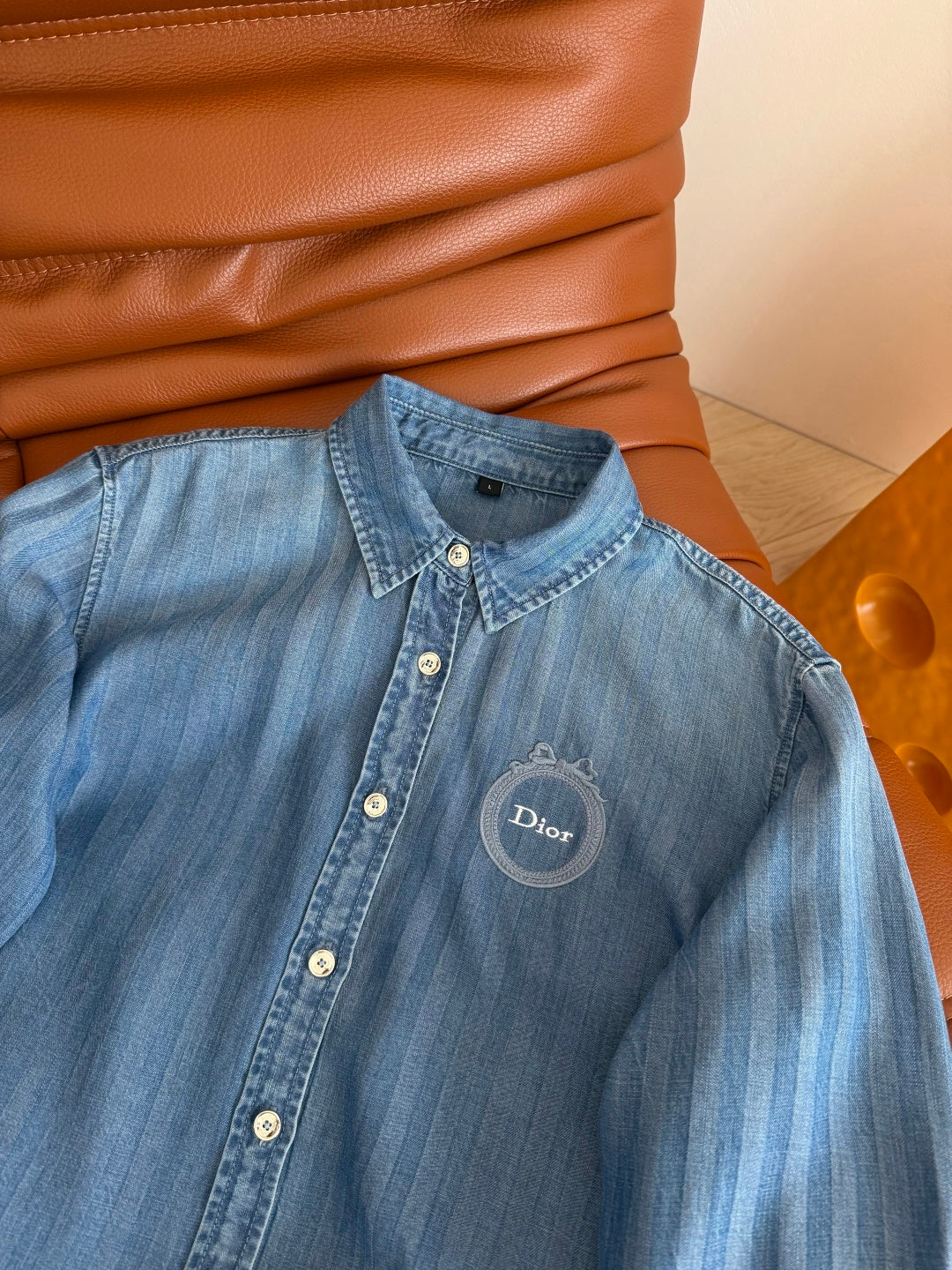 Dior 2026 Embroidered Badge Pattern Denim Shirt Blue Cotton 400837