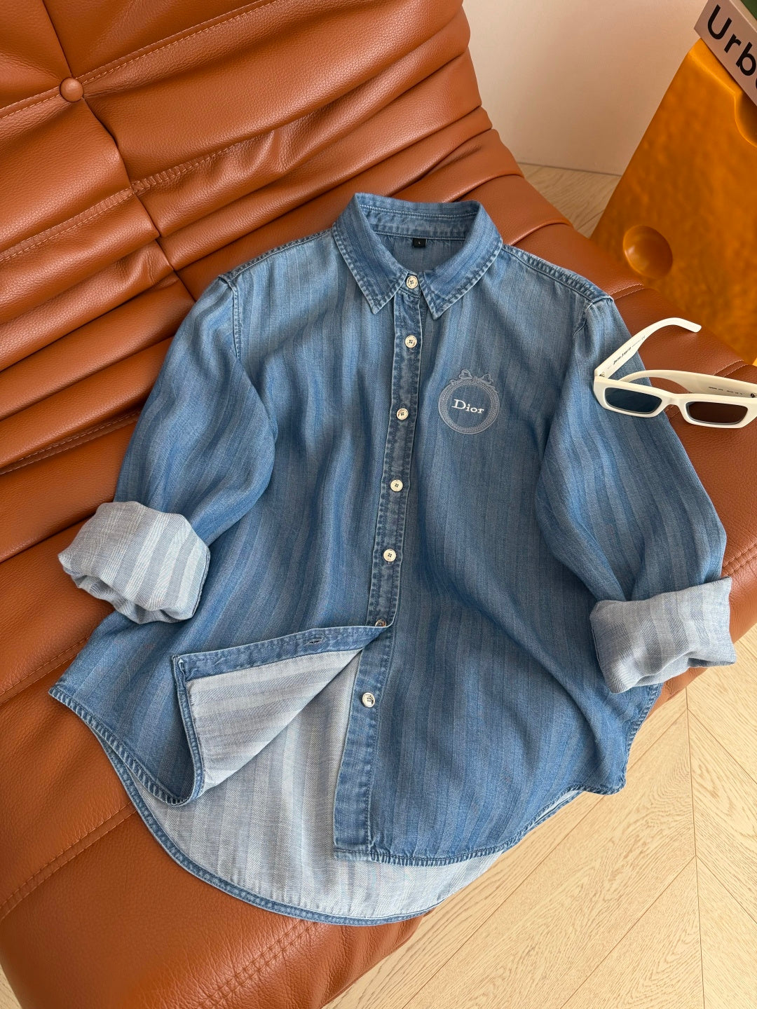 Dior 2026 Embroidered Badge Pattern Denim Shirt Blue Cotton 400837