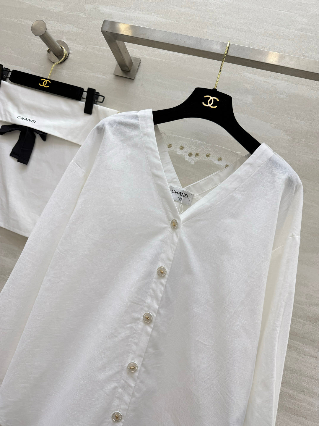 Chanel 2026 V-neck Embroidered Shirt White Cotton 264702