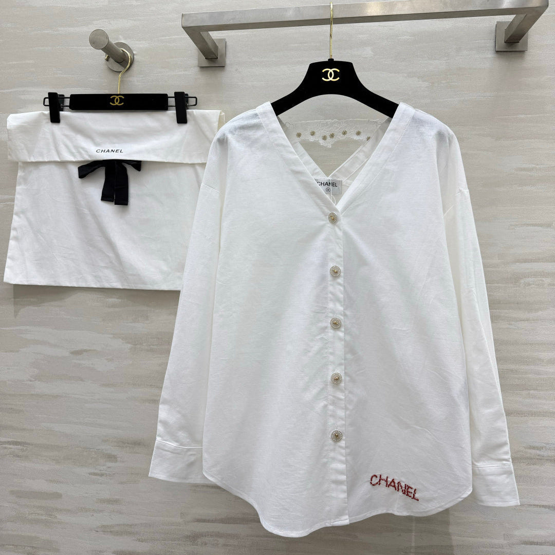 Chanel 2026 V-neck Embroidered Shirt White Cotton 264702