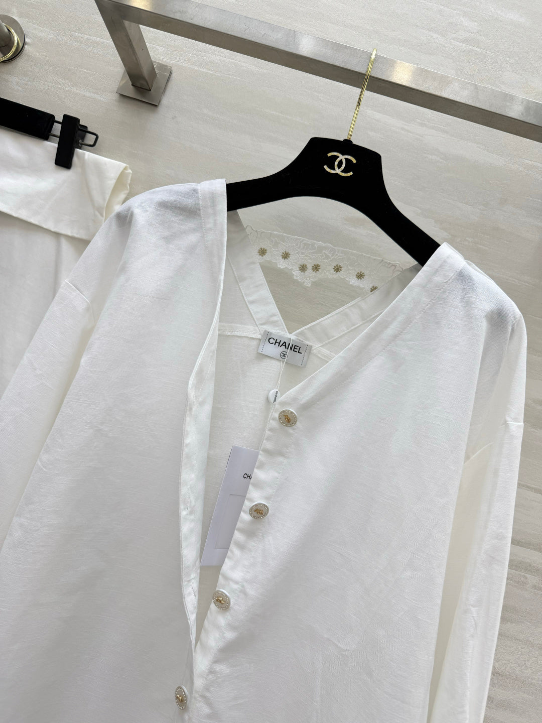 Chanel 2026 V-neck Embroidered Shirt White Cotton 264702