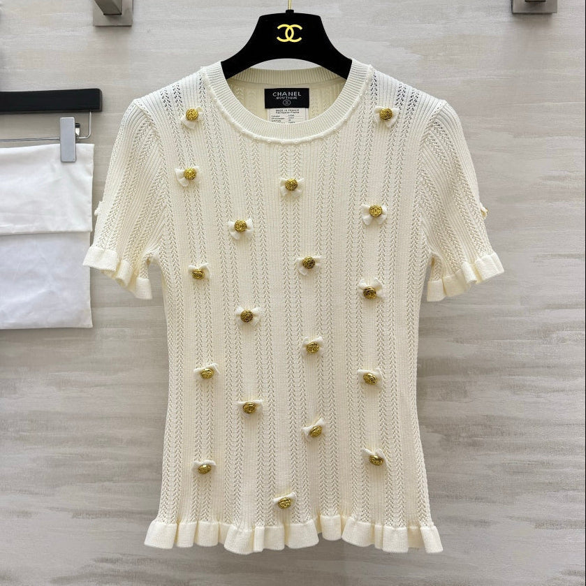 Chanel 2026 Gold Button Bow Short-sleeve Top Cream Cotton 394202
