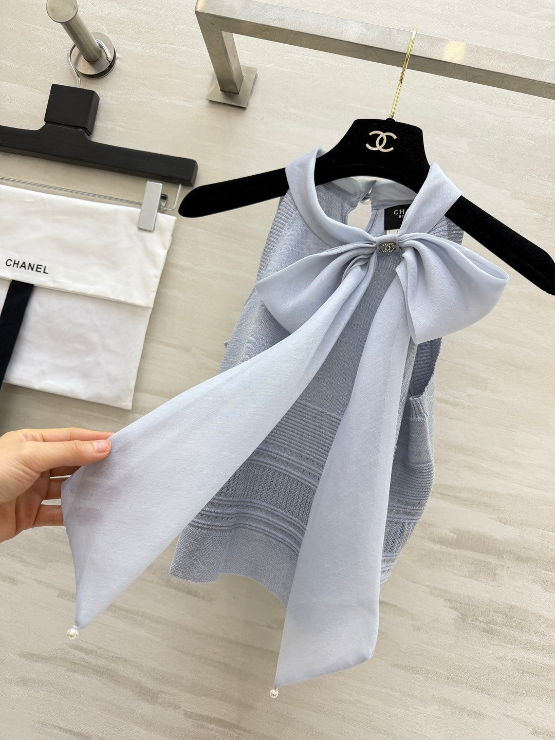 Chanel 2026 Tie-knit Halter Top With Bow Blue Cashmere 394170