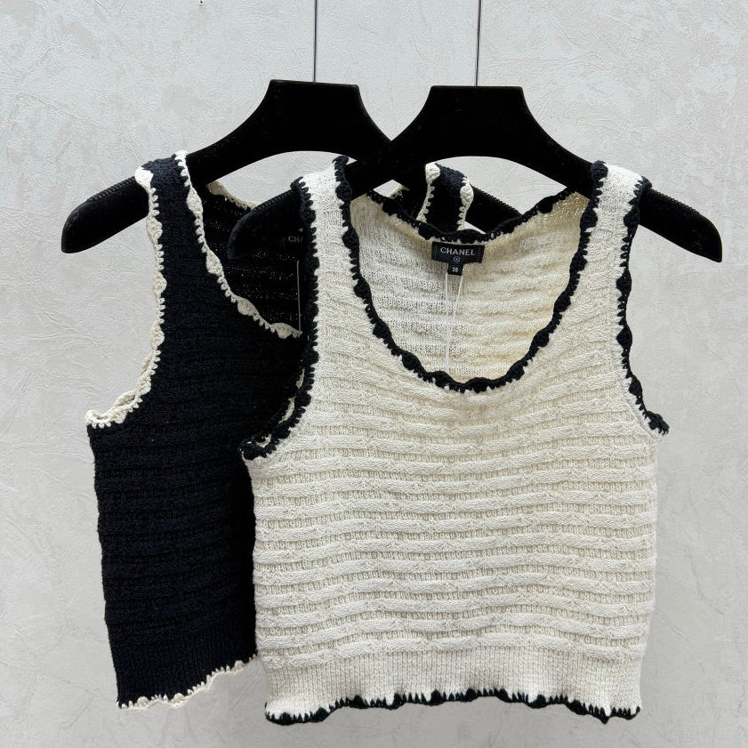 Chanel 2026 Crochet Knit Vest Black and Off-White Wool