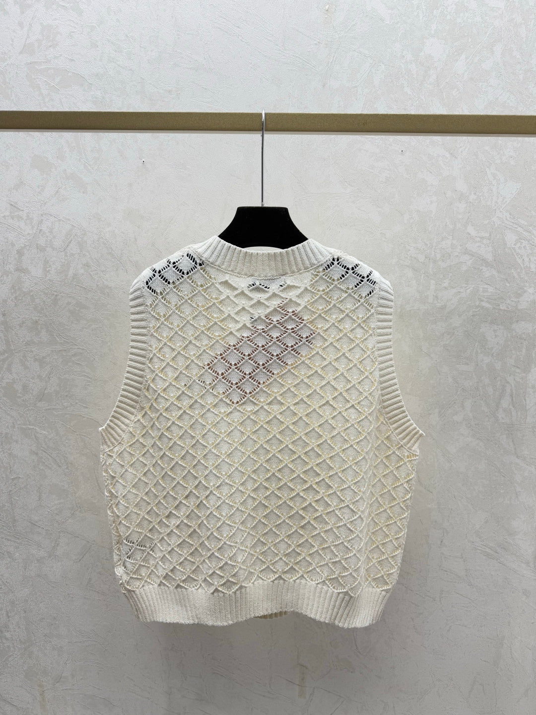 Miumiu 2026 Round Neck Openwork Knit Vest Cream and Purple Viscose Nylon