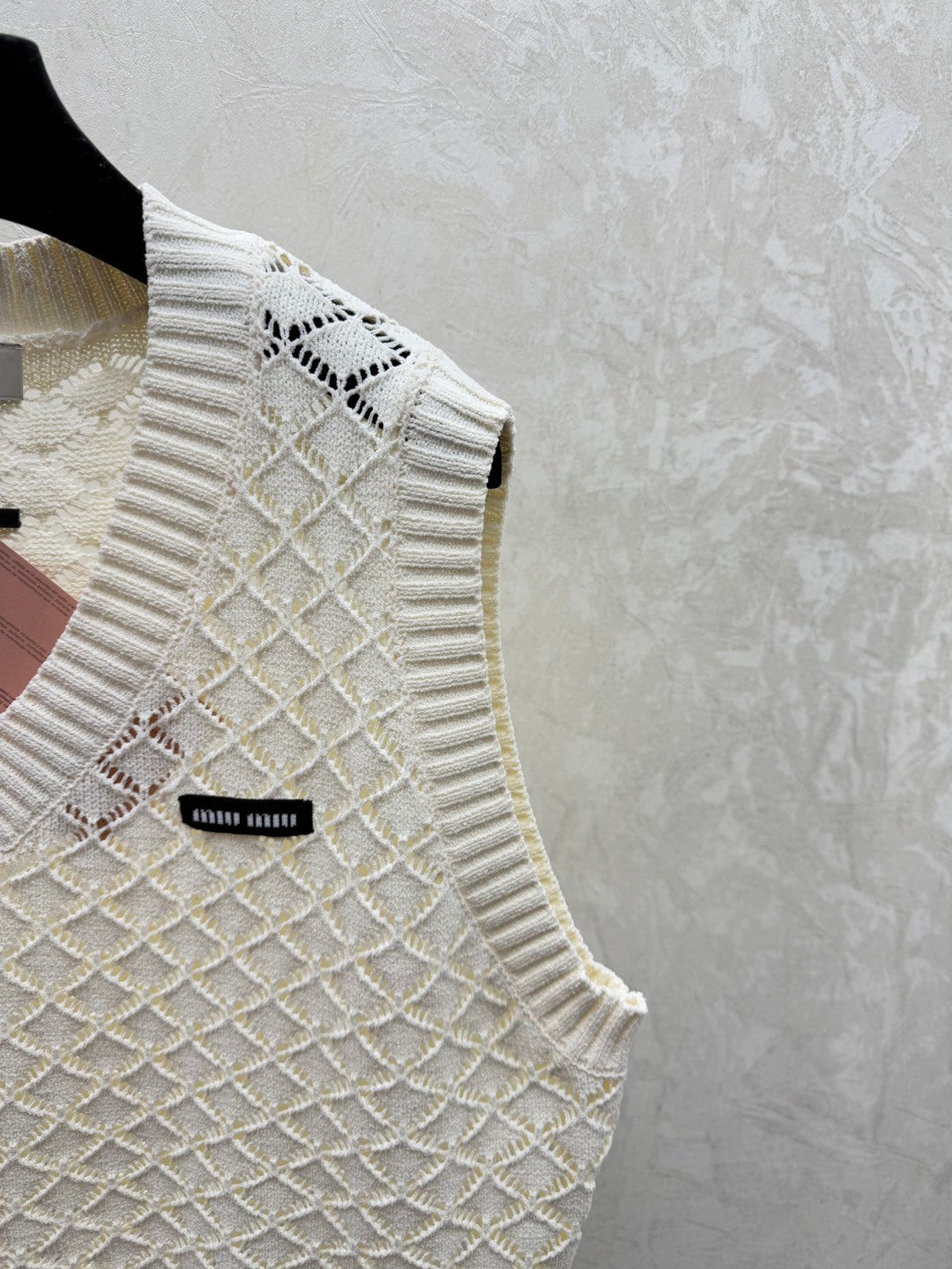 Miumiu 2026 Round Neck Openwork Knit Vest Cream and Purple Viscose Nylon