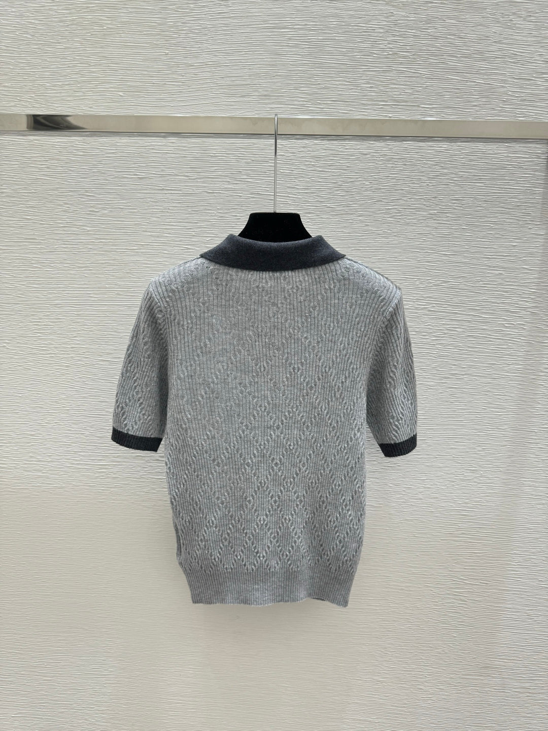 Miumiu 2026 Short-sleeved Knit Polo Shirt Beige and Gray Wool