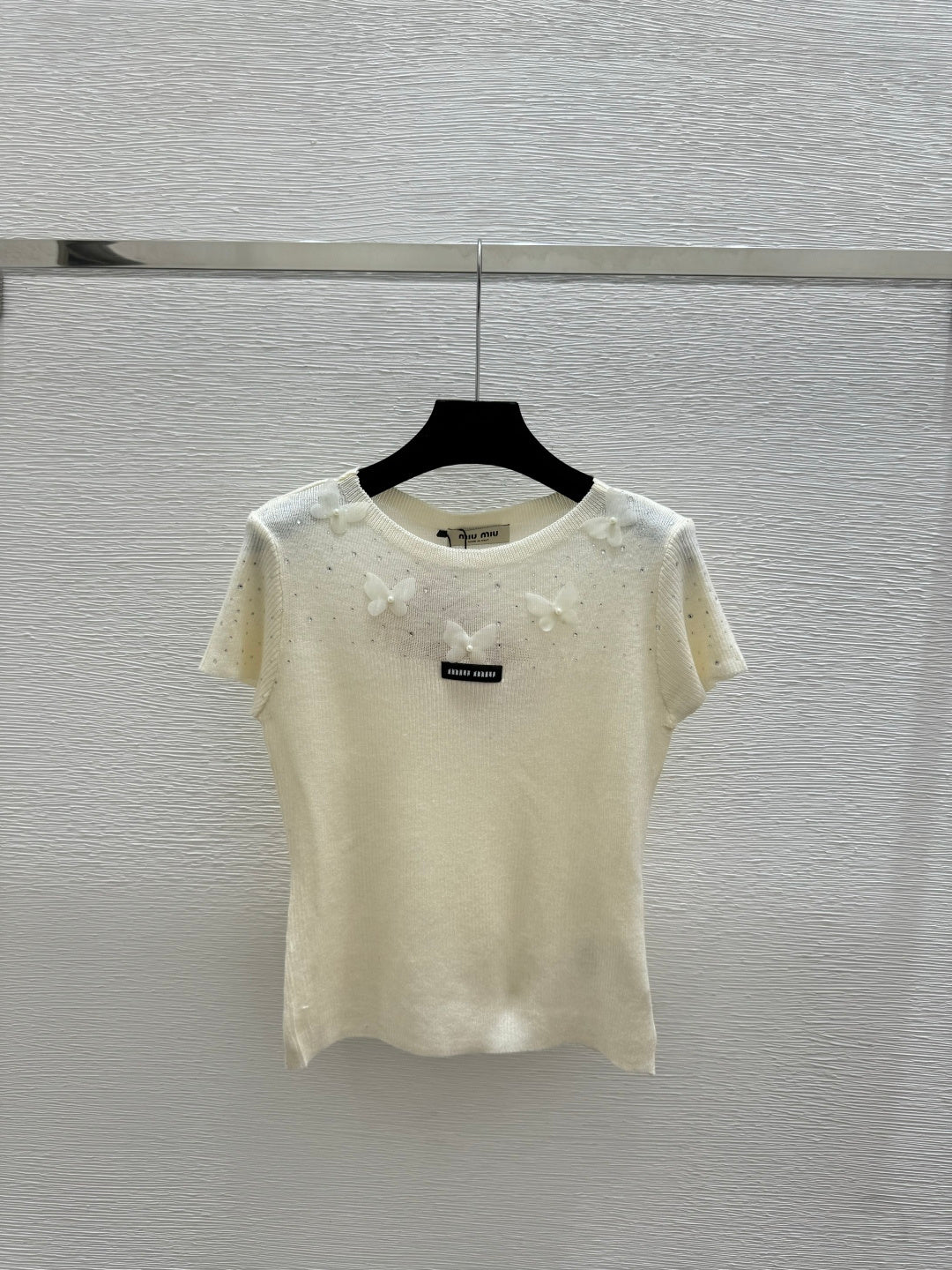 Miumiu 2026 Butterfy Short-sleeve Top Yellow Cream Pink Wool Silk