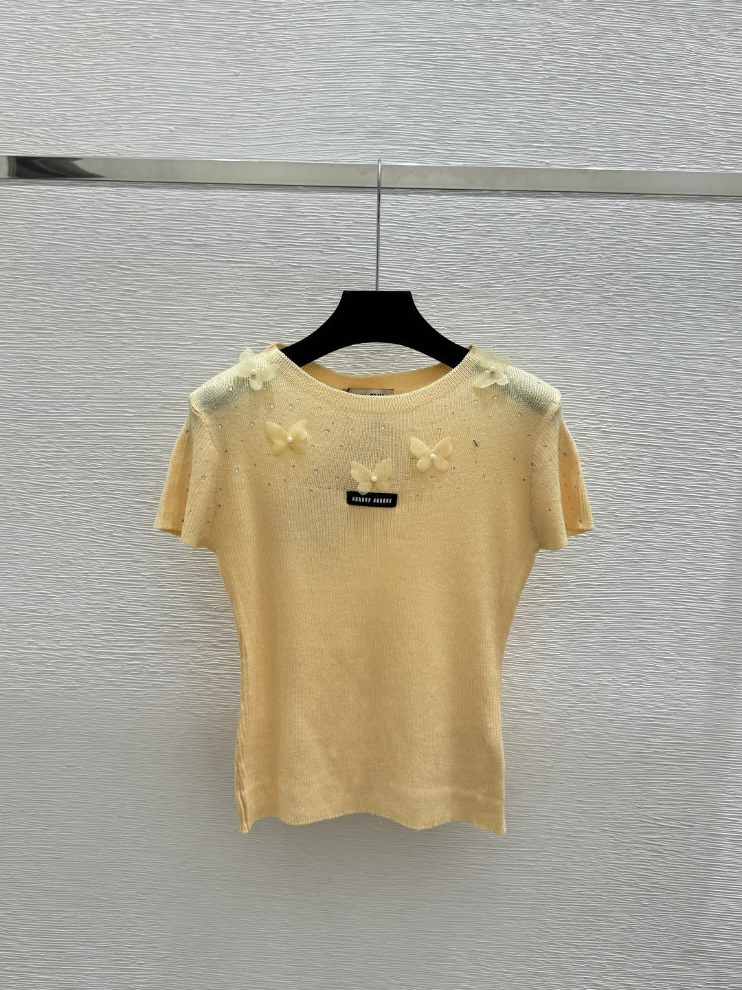 Miumiu 2026 Butterfy Short-sleeve Top Yellow Cream Pink Wool Silk