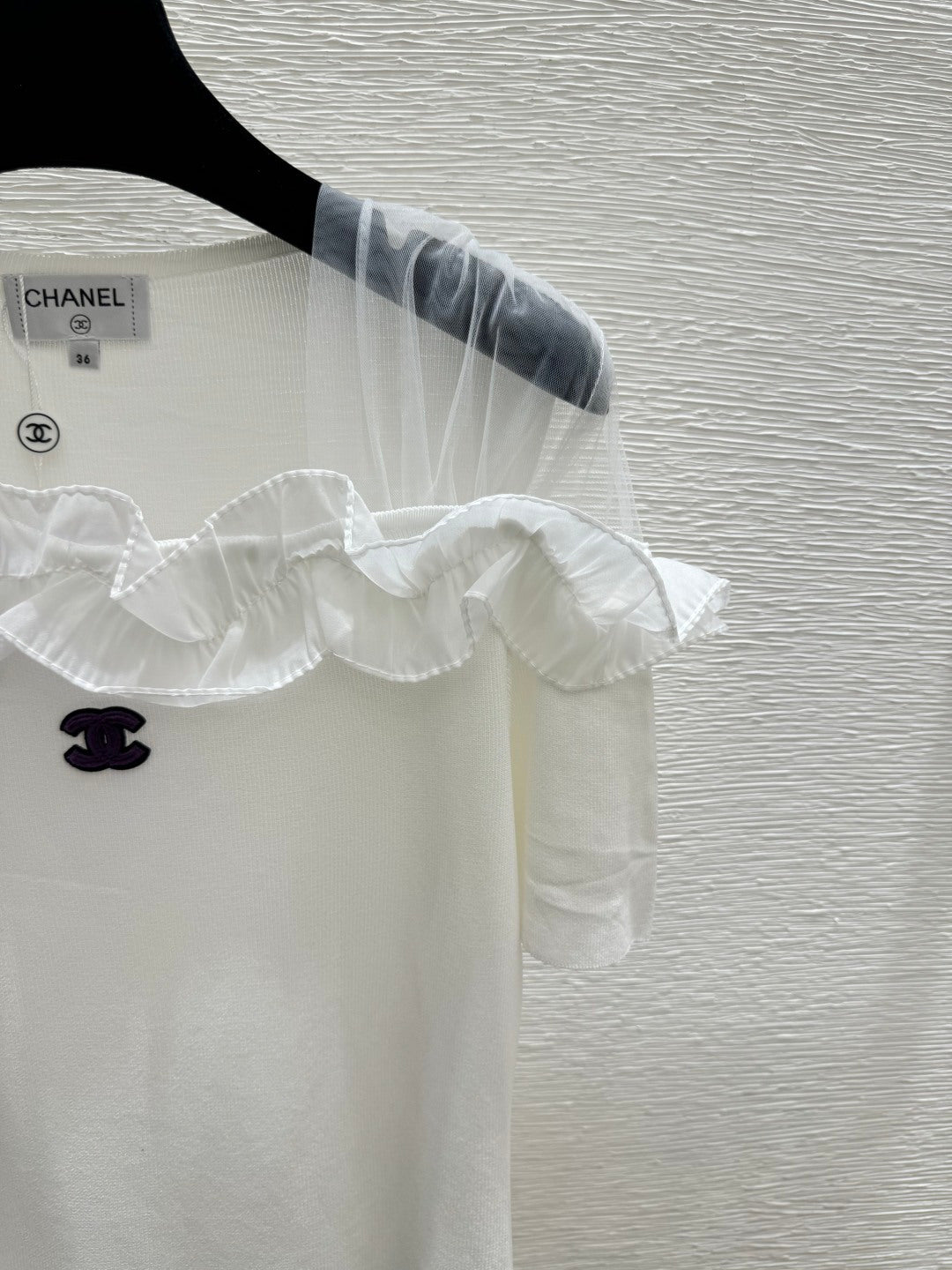 Chanel 2026 Ruffled Neckline Knit Top Black White Wool Nylon