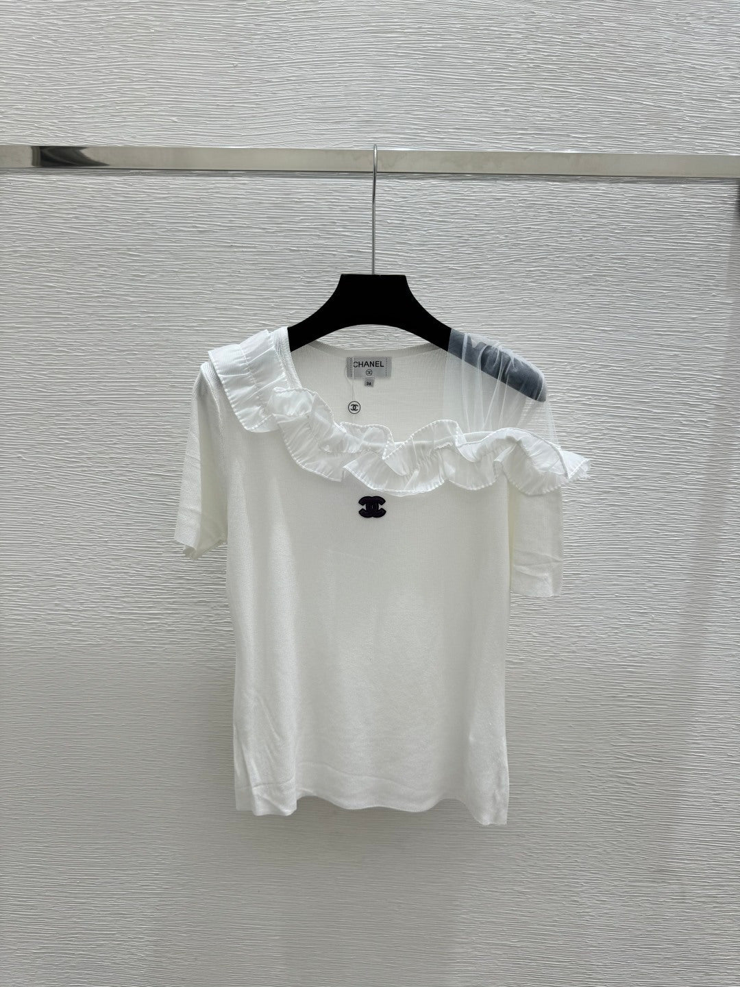 Chanel 2026 Ruffled Neckline Knit Top Black White Wool Nylon