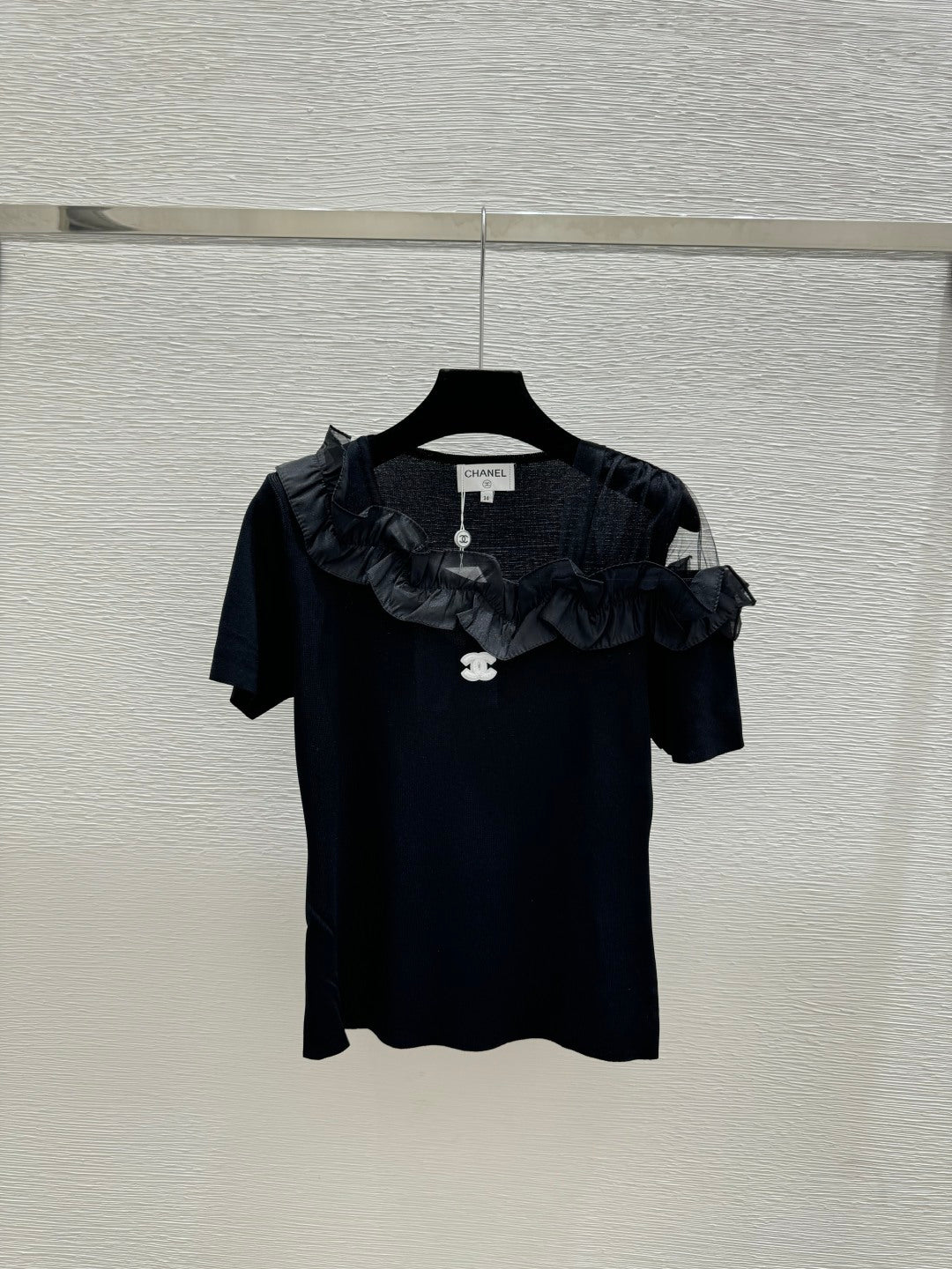 Chanel 2026 Ruffled Neckline Knit Top Black White Wool Nylon