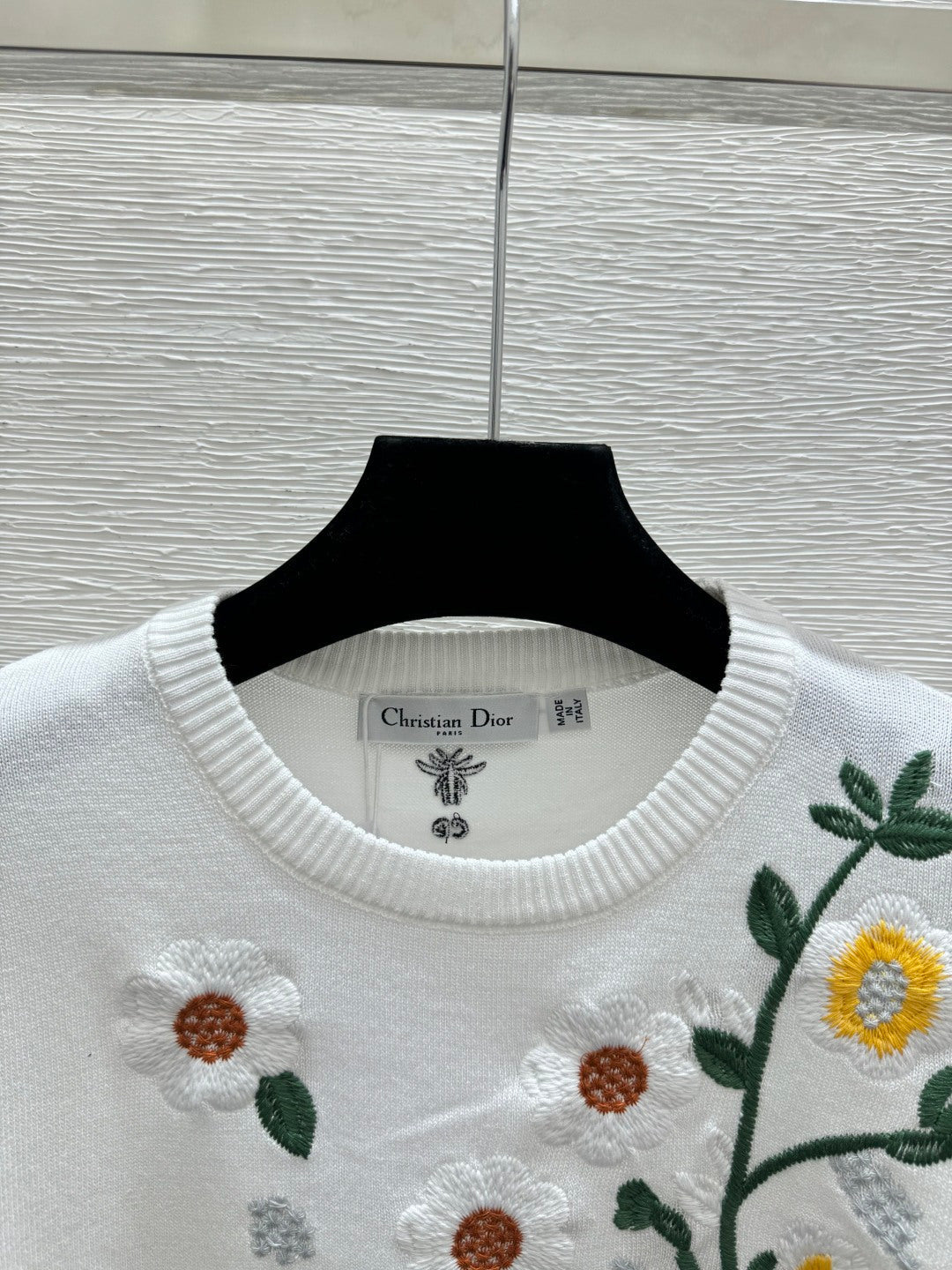 Dior 2026 Floral Crew Neck Knitted Short-Sleeve Top White and Pink Wool