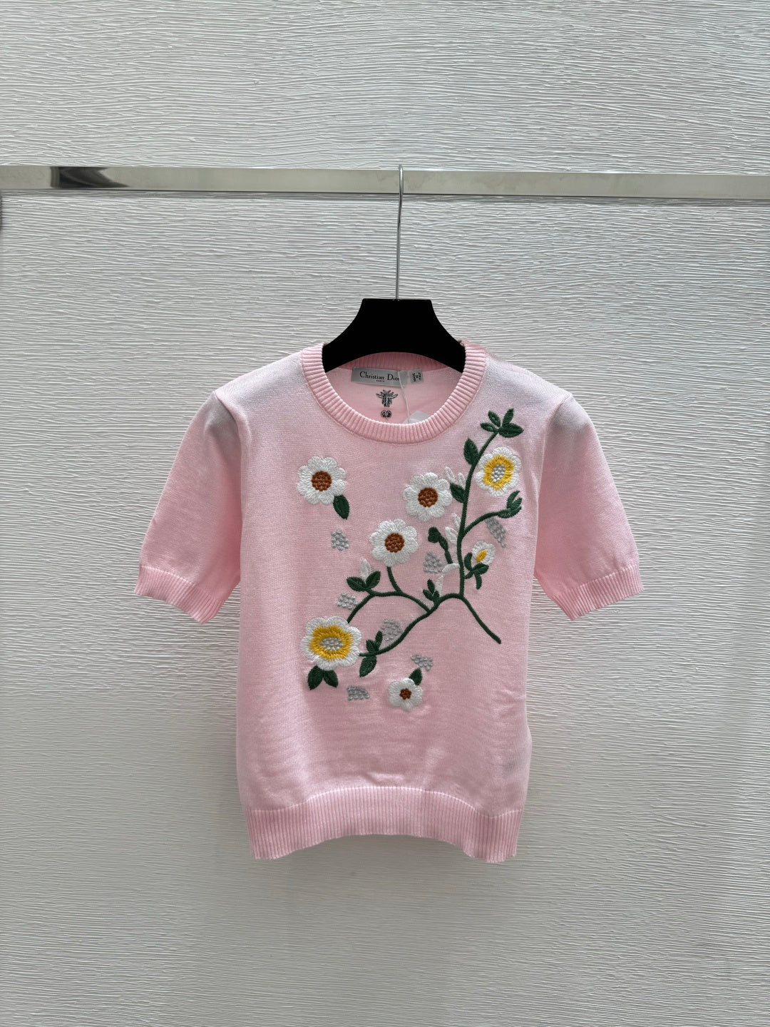 Dior 2026 Floral Crew Neck Knitted Short-Sleeve Top White and Pink Wool