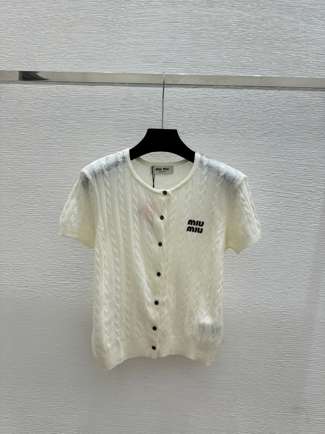 Miumiu 2026 Knit Short-sleeved Cardigan White and Blue Wool