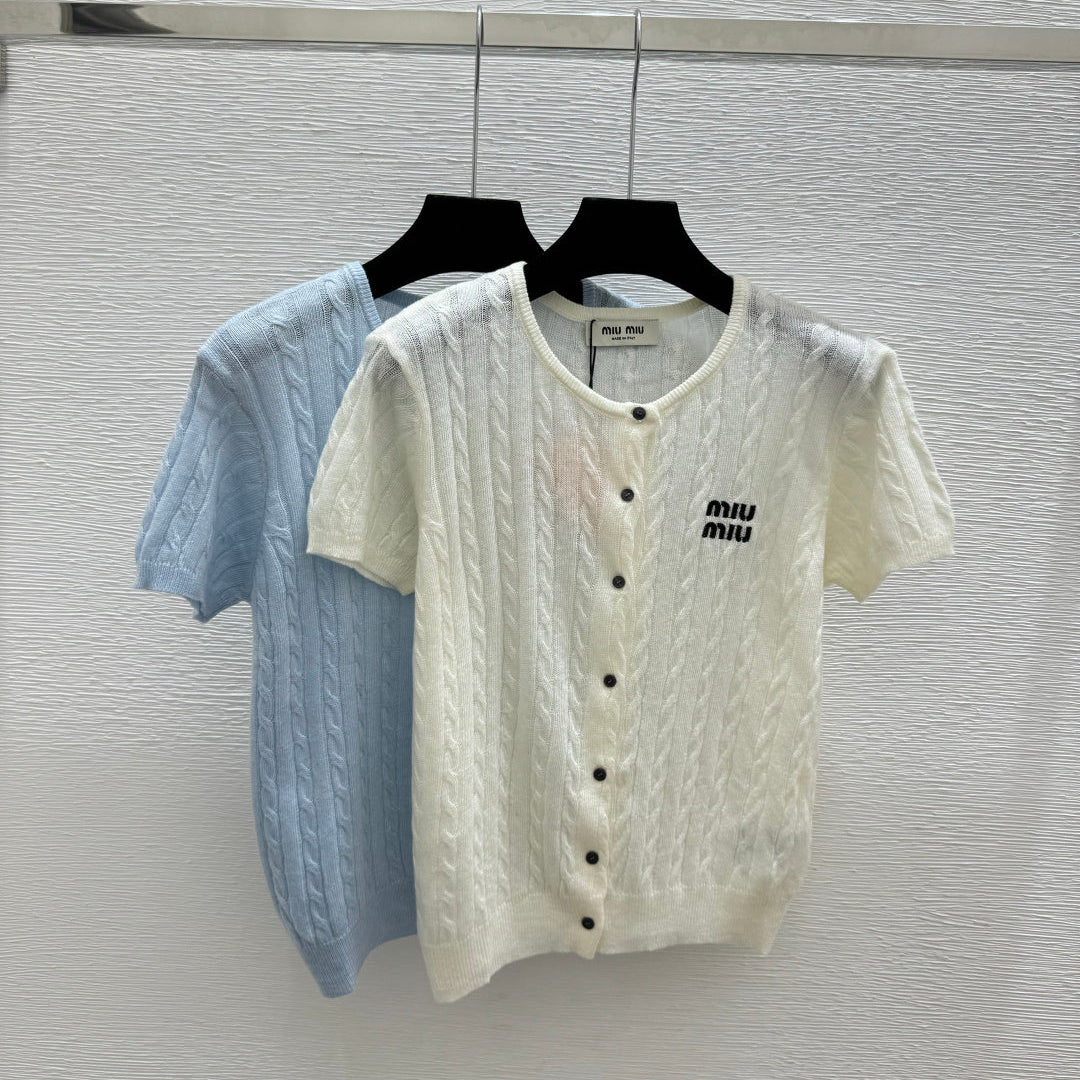 Miumiu 2026 Knit Short-sleeved Cardigan White and Blue Wool