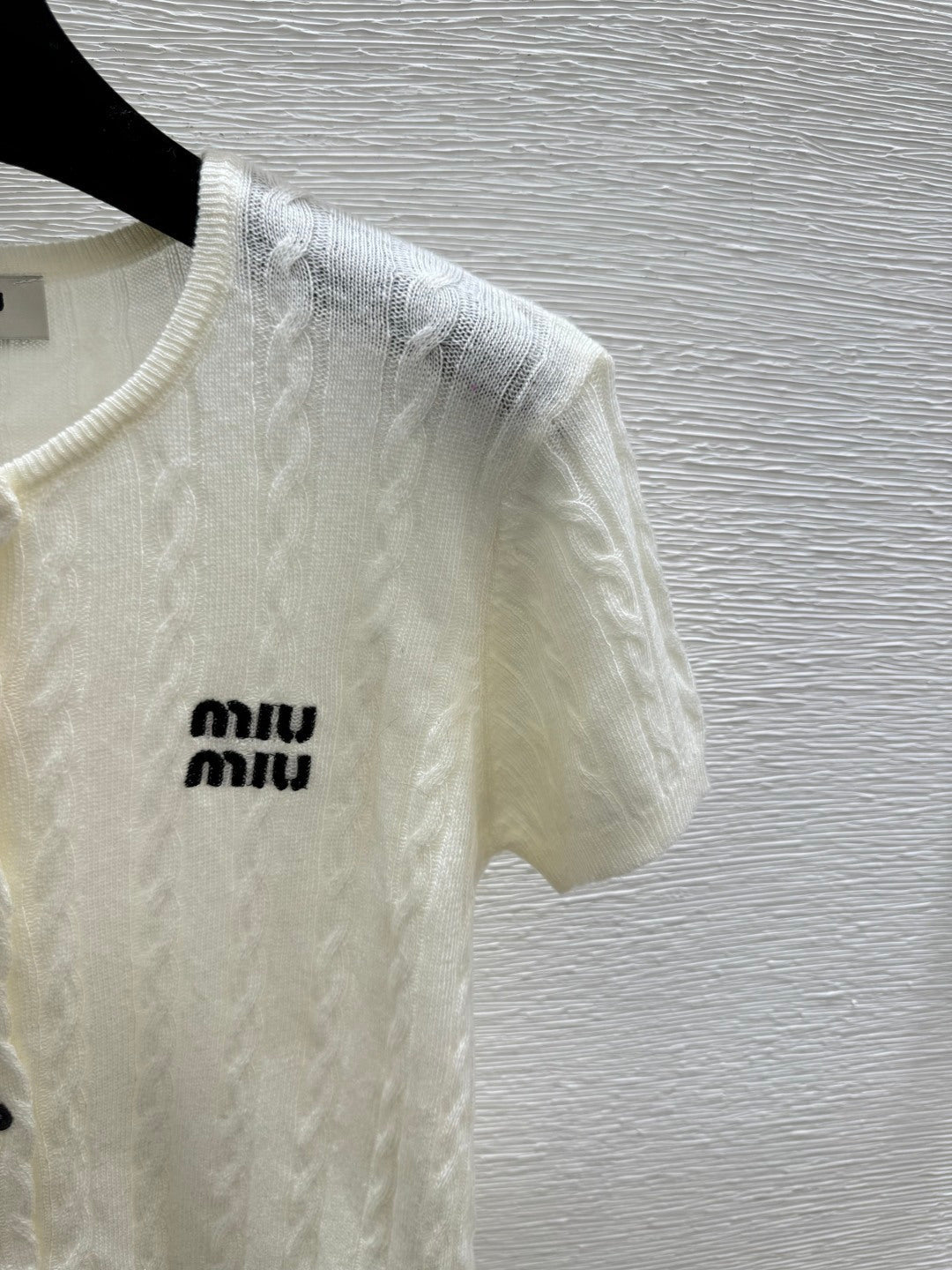 Miumiu 2026 Knit Short-sleeved Cardigan White and Blue Wool