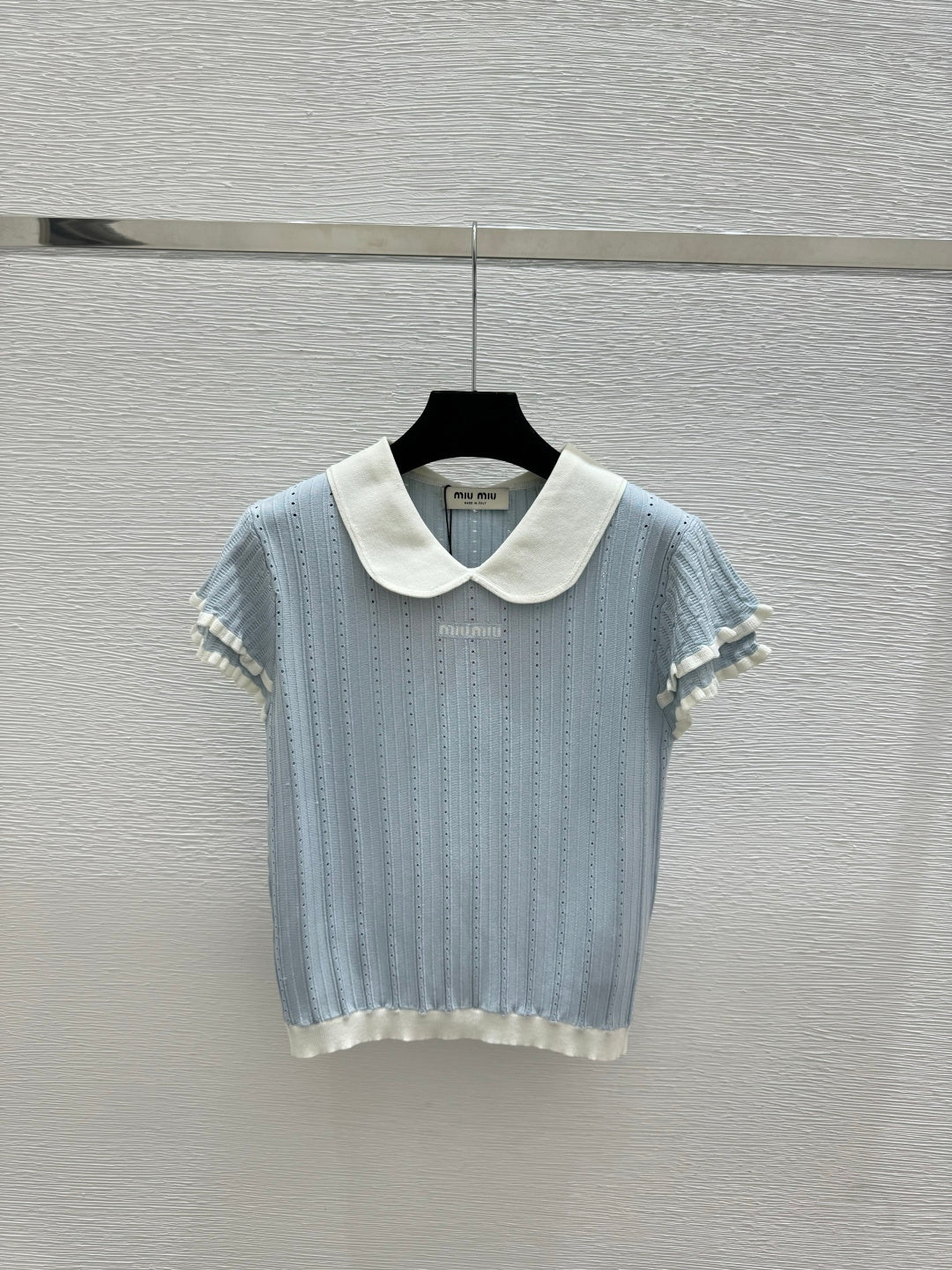Miumiu 2026 Peter Pan Collar Openwork Knit Short-sleeved Top 220548