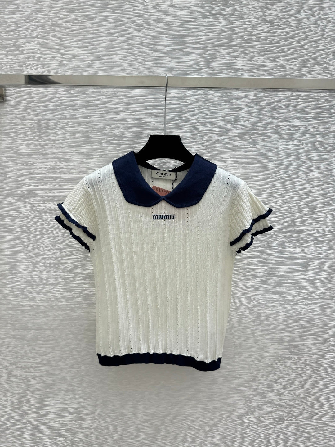 Miumiu 2026 Peter Pan Collar Openwork Knit Short-sleeved Top 220548